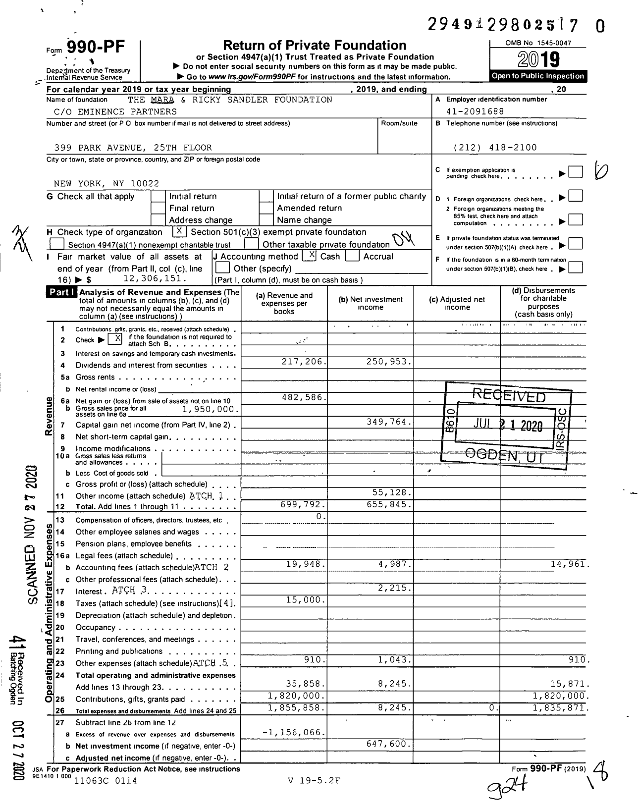 Image of first page of 2019 Form 990PF for The Mara & Ricky Sandler Foundation