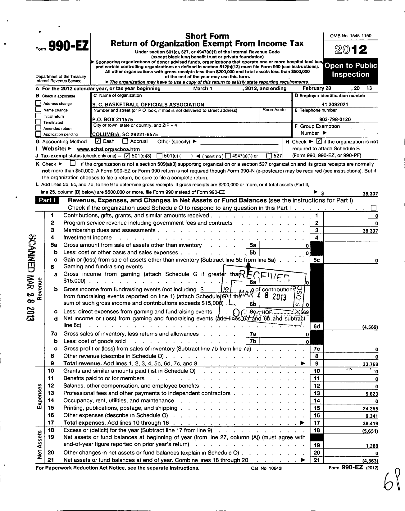 Image of first page of 2012 Form 990EZ for South Carolina Basketball Officials Association