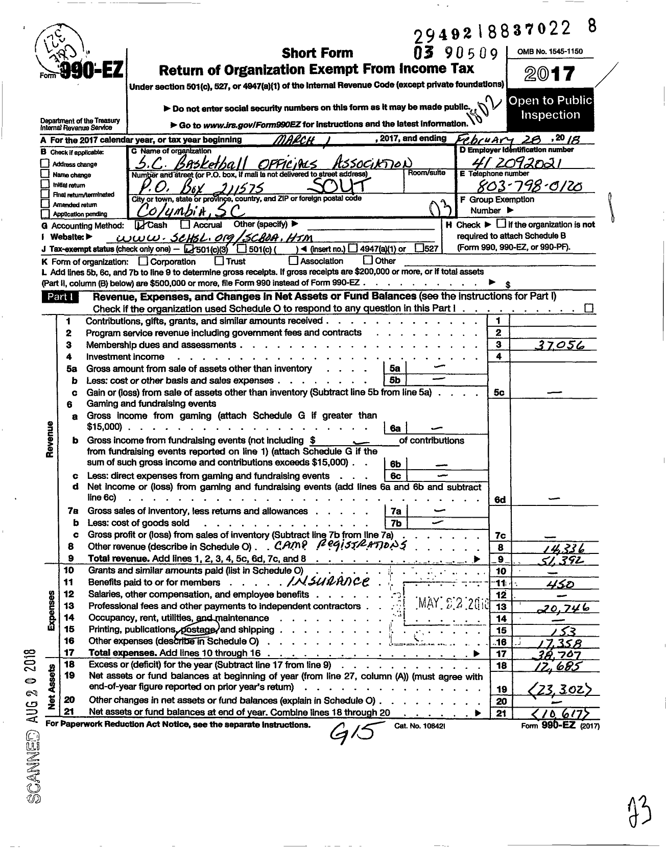 Image of first page of 2017 Form 990EZ for South Carolina Basketball Officials Association