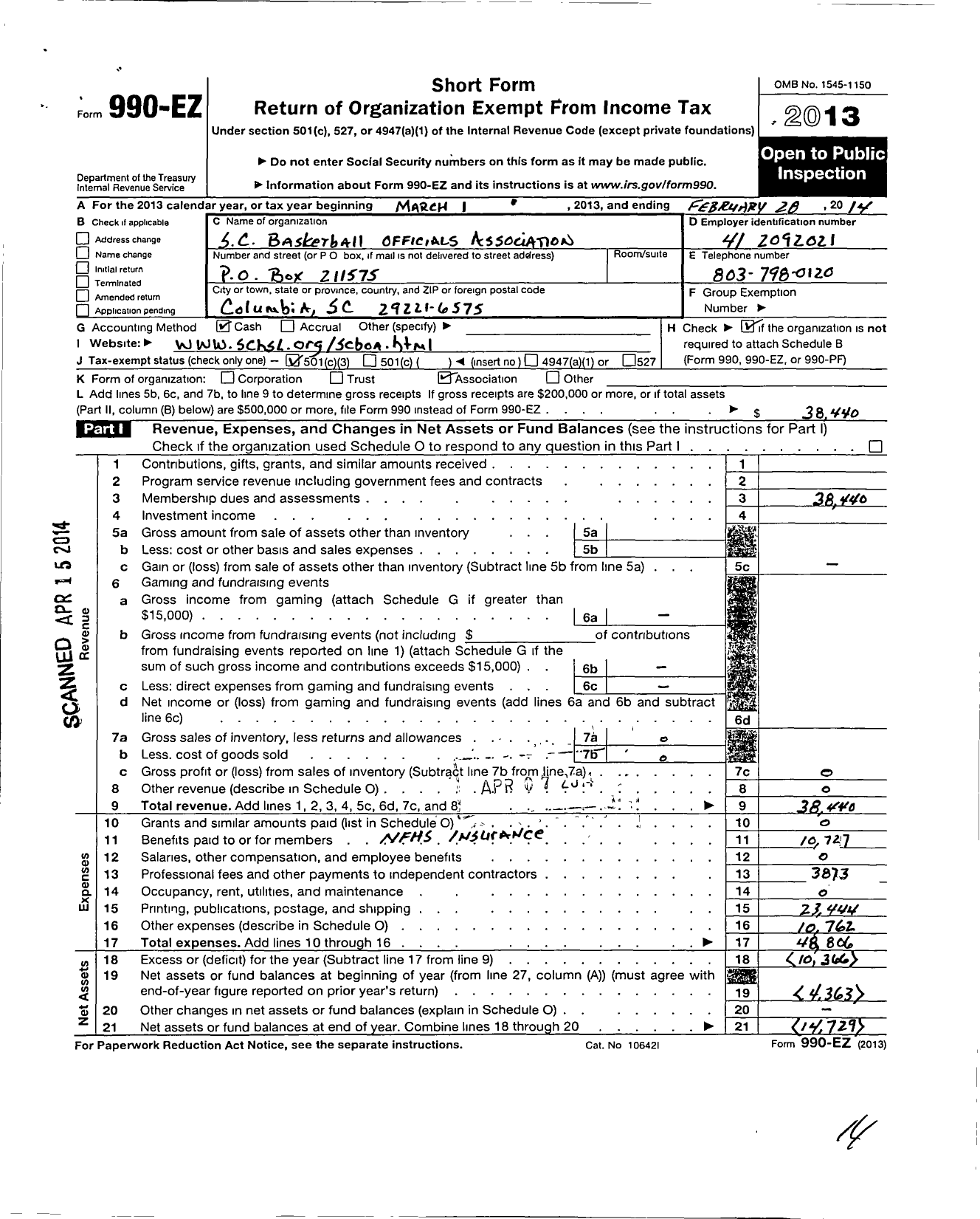 Image of first page of 2013 Form 990EZ for South Carolina Basketball Officials Association