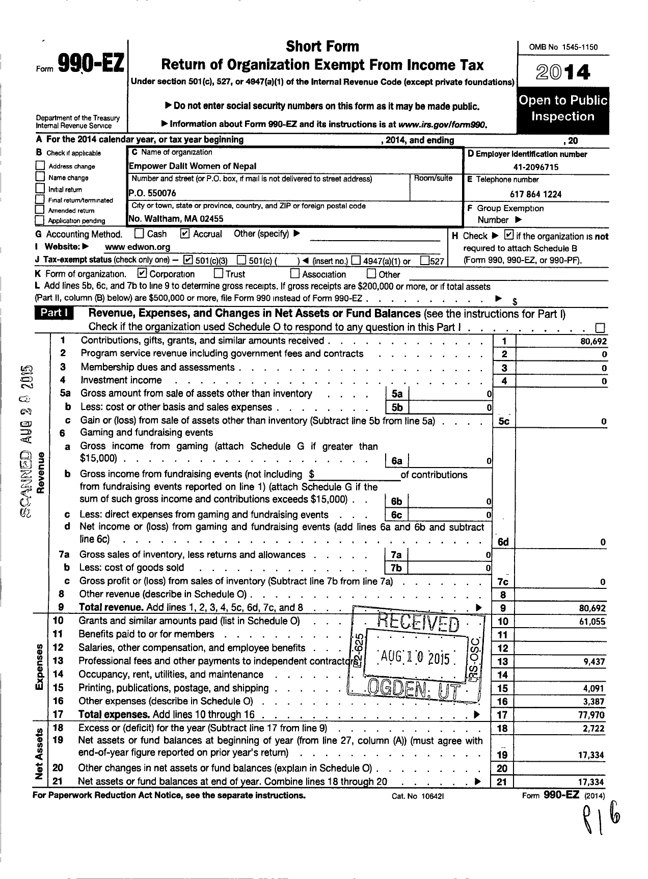 Image of first page of 2014 Form 990EZ for Empower Dalit Women of Nepal