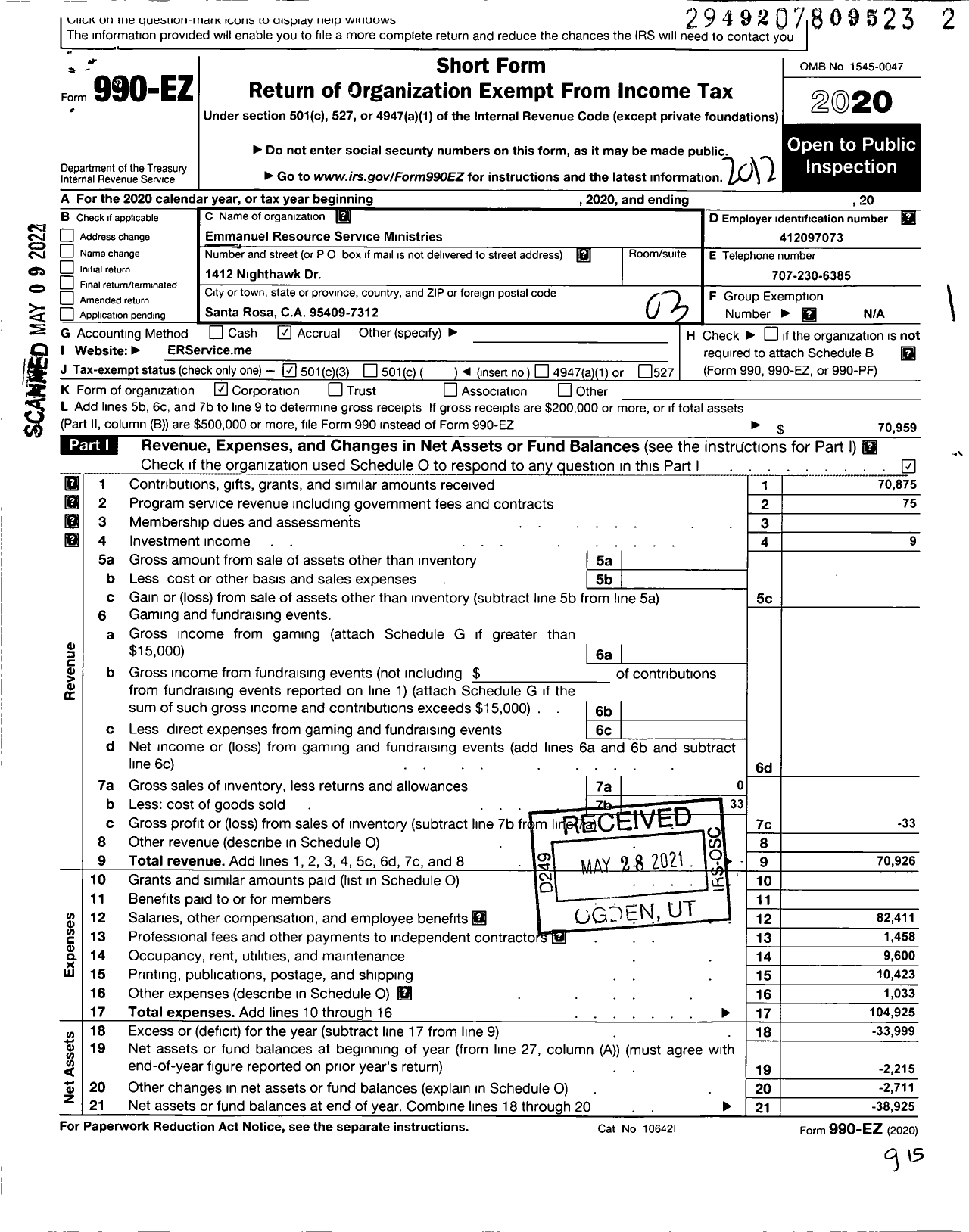 Image of first page of 2020 Form 990EZ for Emmanuel Resource Service Ministries