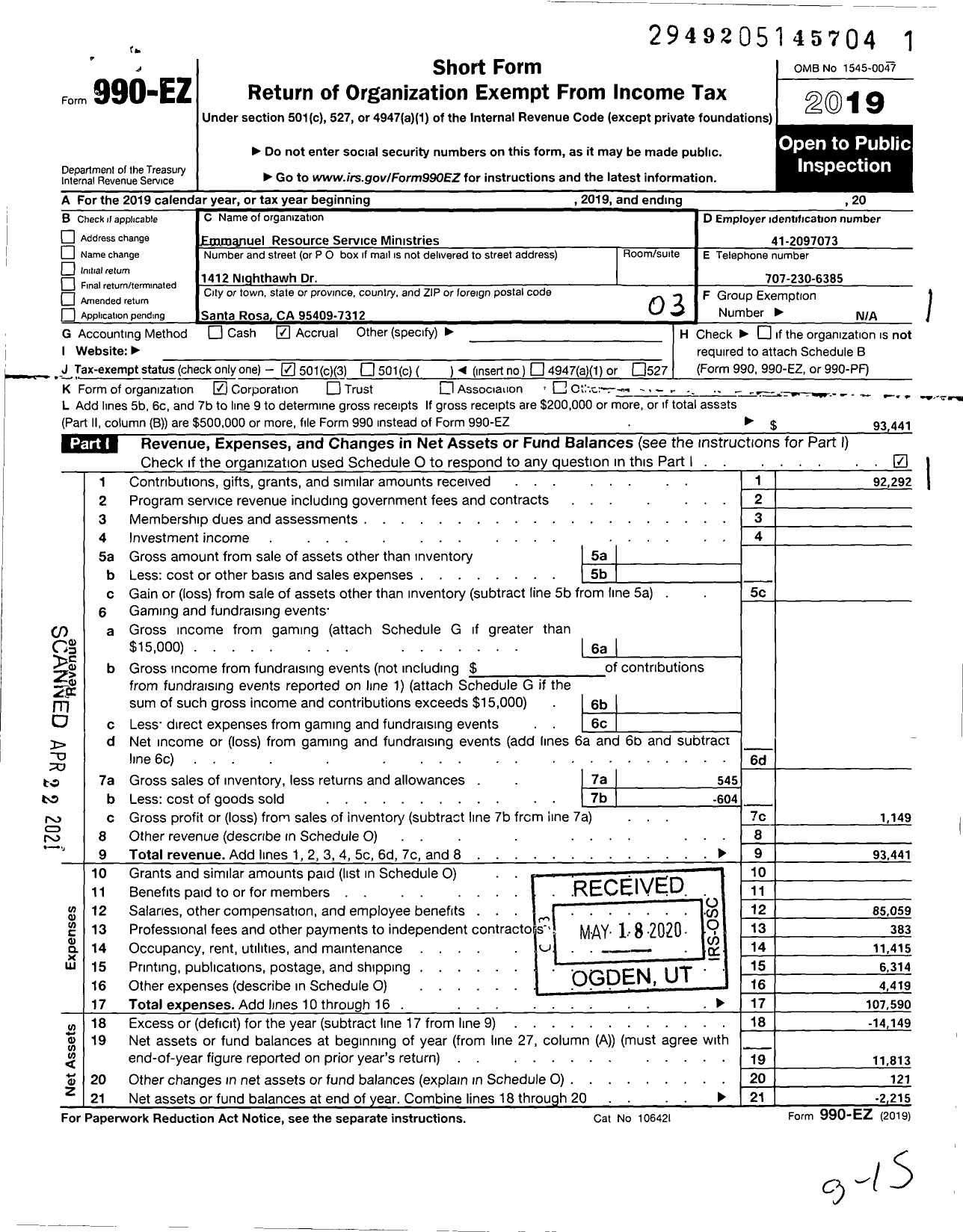 Image of first page of 2019 Form 990EZ for Emmanuel Resource Service Ministries