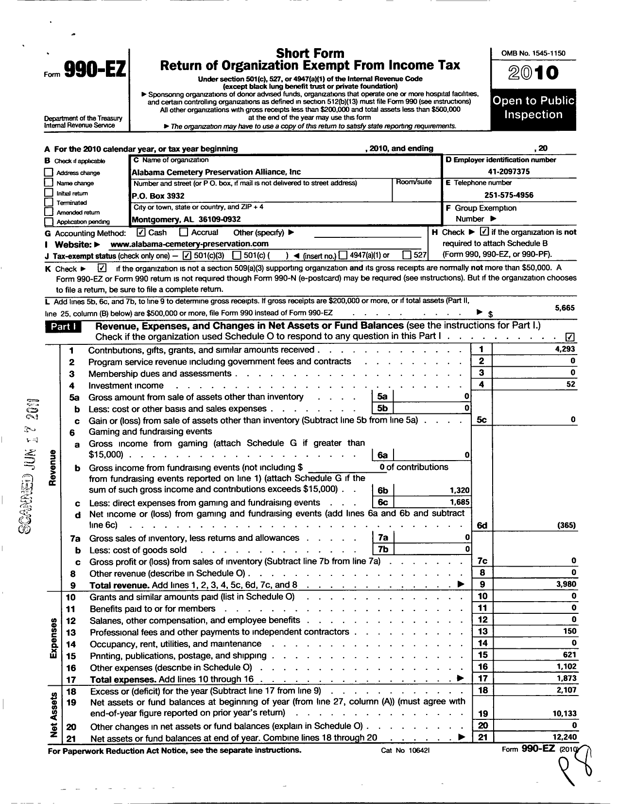 Image of first page of 2010 Form 990EZ for Alabama Cemetary Preservation Alliance