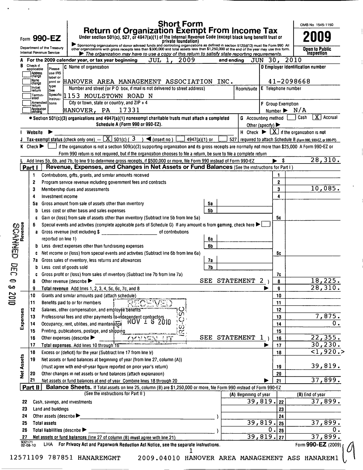 Image of first page of 2009 Form 990EZ for Hanover Area Management Association