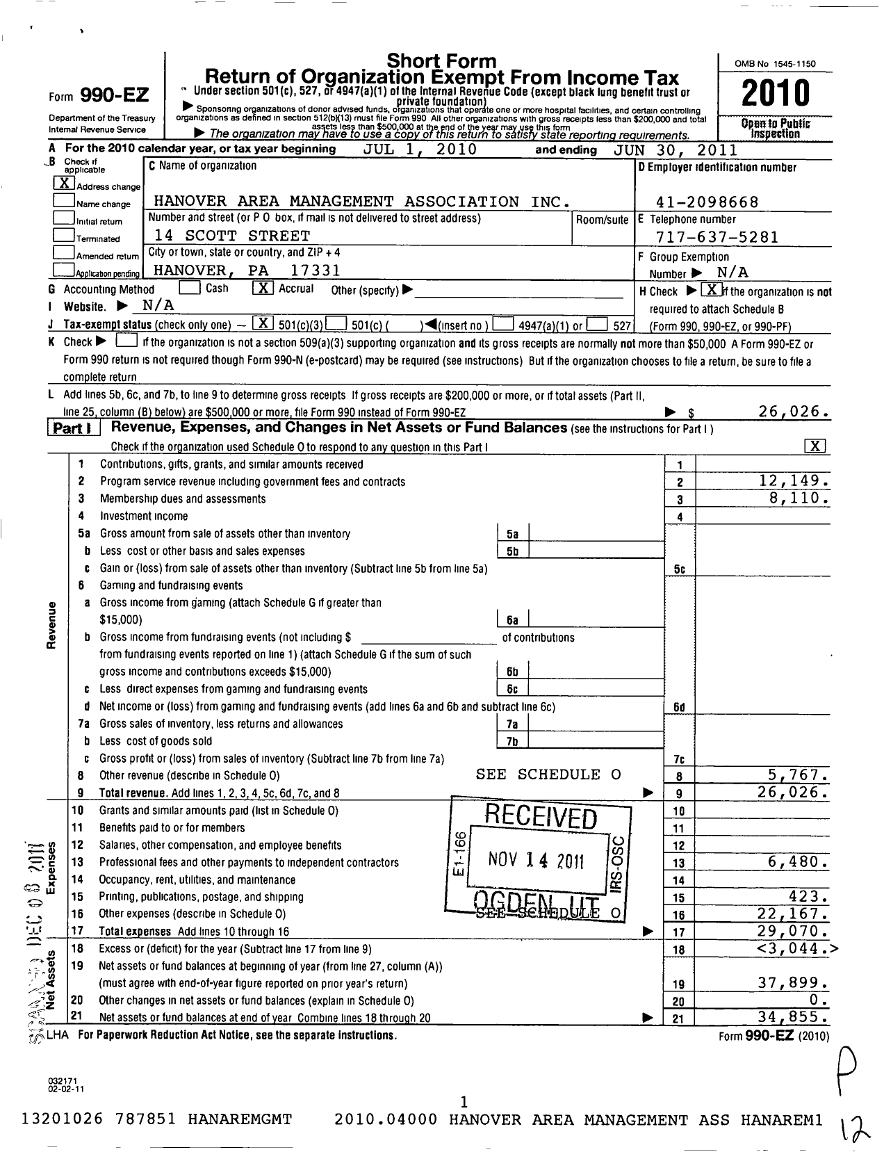 Image of first page of 2010 Form 990EZ for Hanover Area Management Association