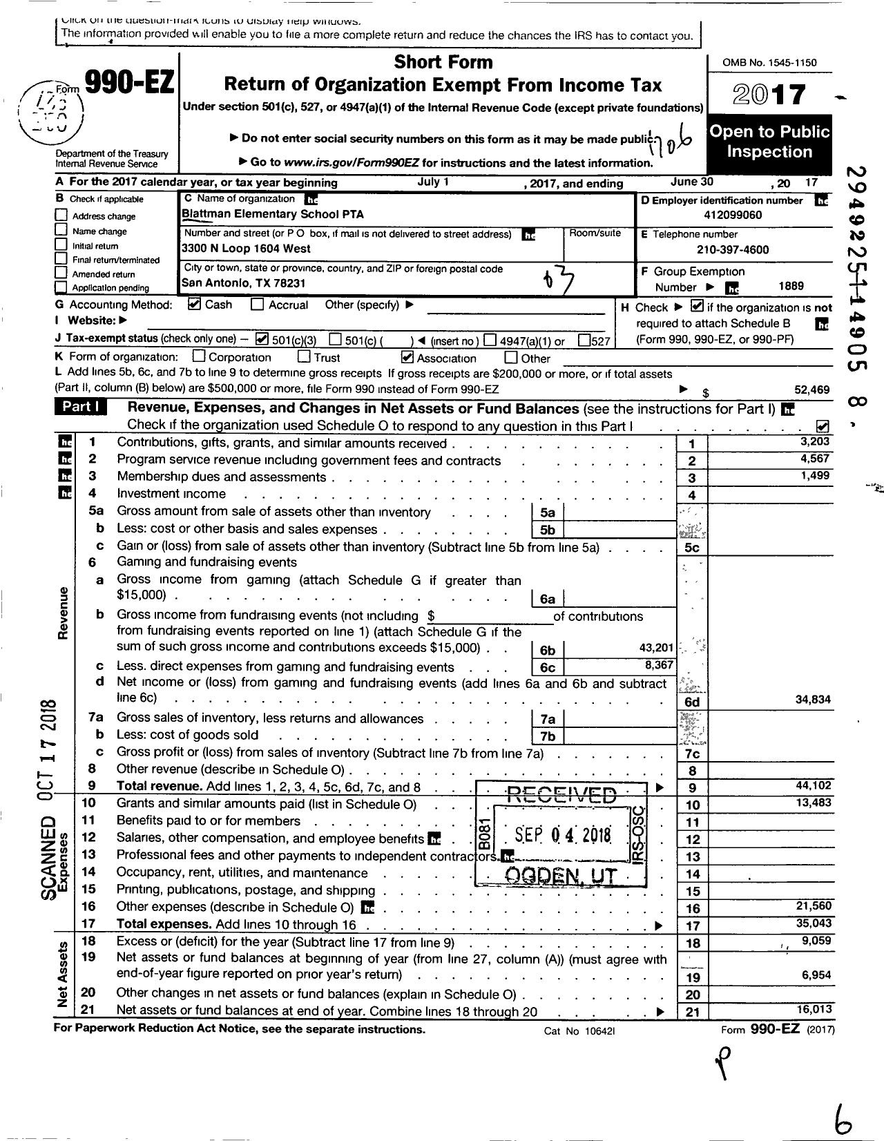 Image of first page of 2016 Form 990EZ for Texas PTA - Patricia J Blattman Elementary PTA