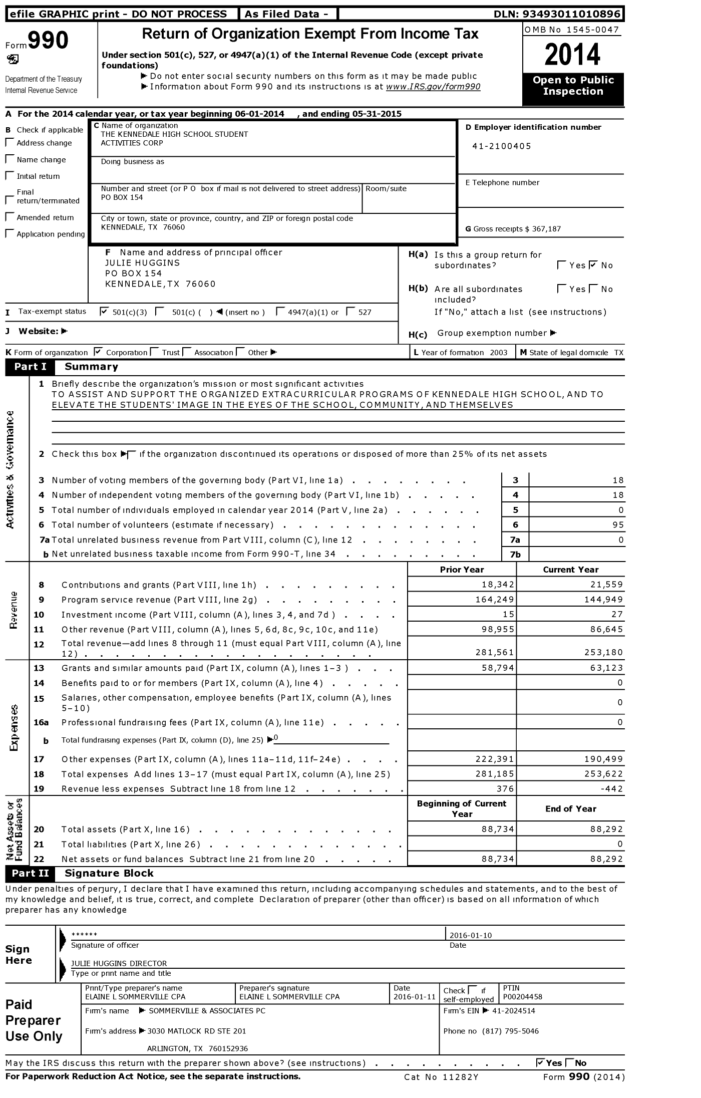 Image of first page of 2014 Form 990 for The Kennedale High School Student Activities Corporation