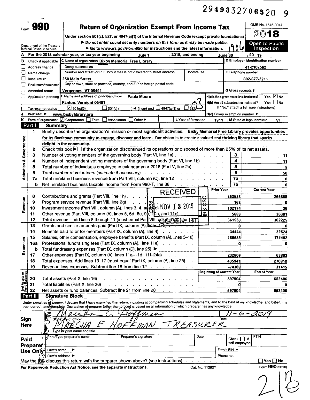 Image of first page of 2018 Form 990 for Bixby Memorial Free Library