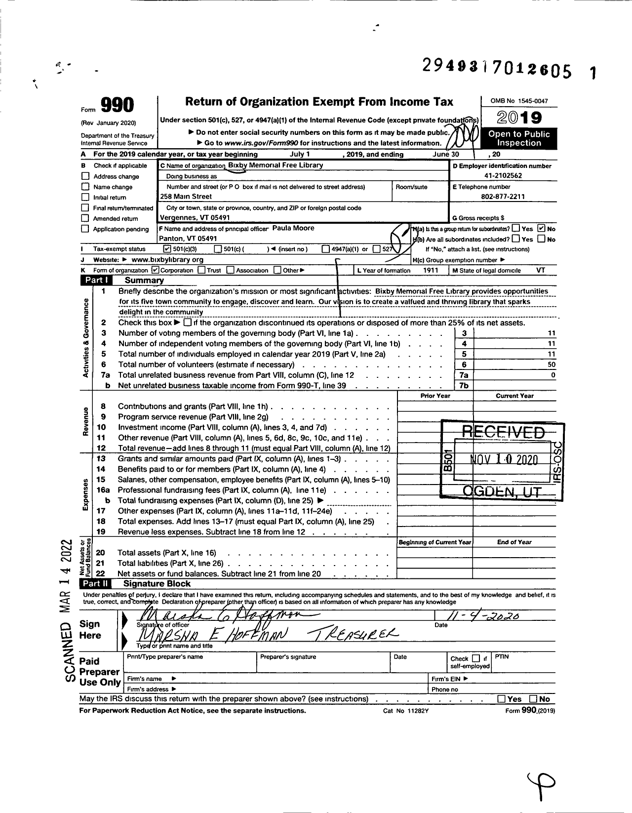 Image of first page of 2019 Form 990 for Bixby Memorial Free Library