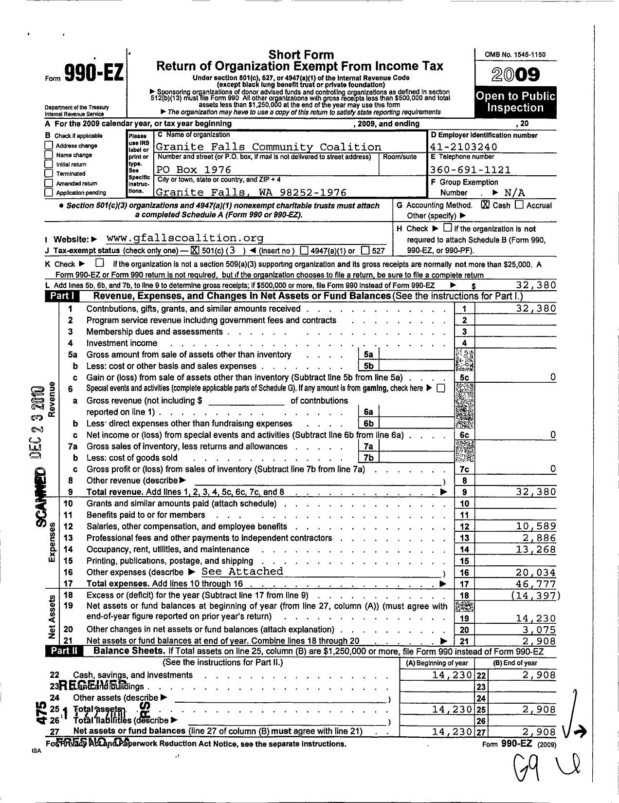 Image of first page of 2009 Form 990EZ for Granite Falls Community Coalition and Food