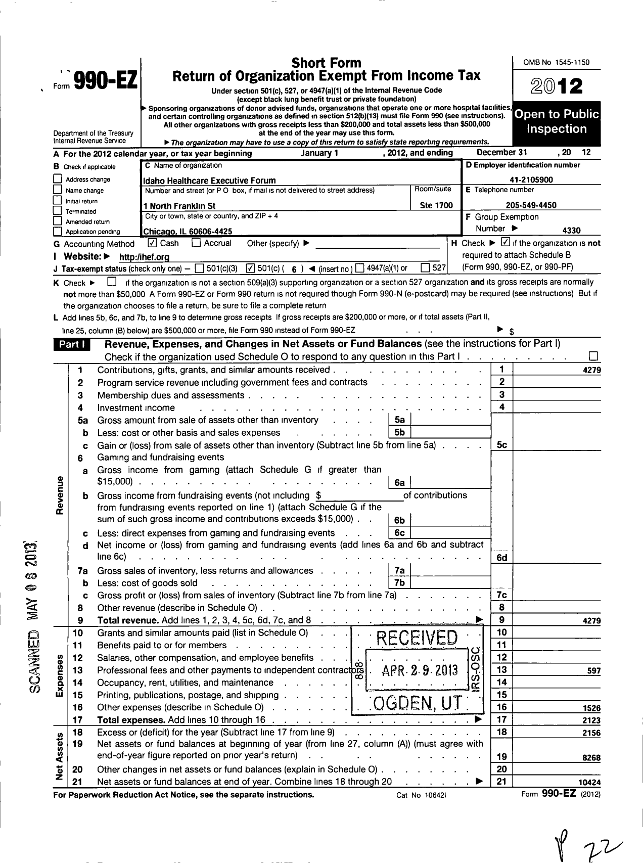 Image of first page of 2012 Form 990EO for American College of Healthcare Executives / Ache of Idaho