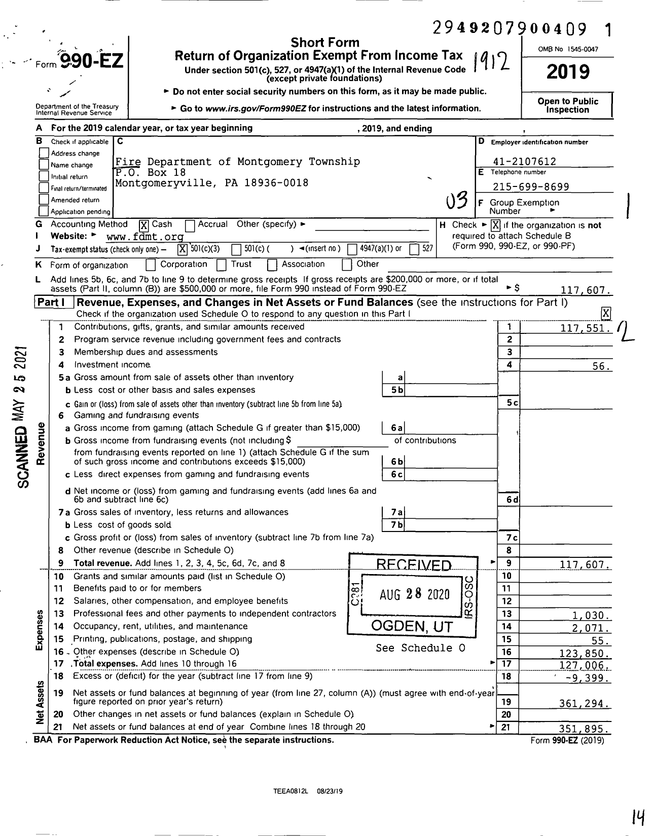 Image of first page of 2019 Form 990EZ for Fire Department of Montgomery Township