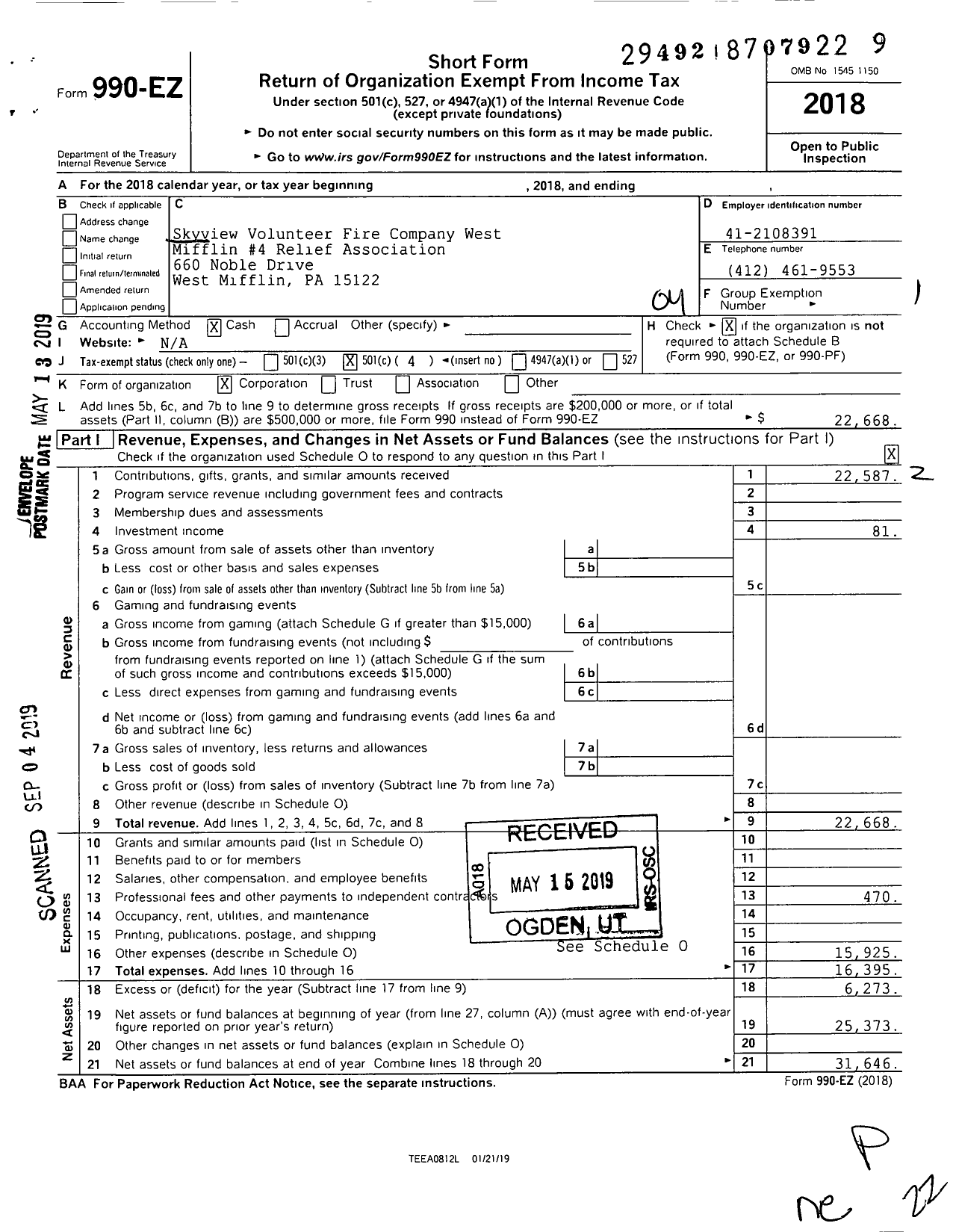 Image of first page of 2018 Form 990EO for Skyview Volunteer Fire Company West Mifflin No 4 Relief Association