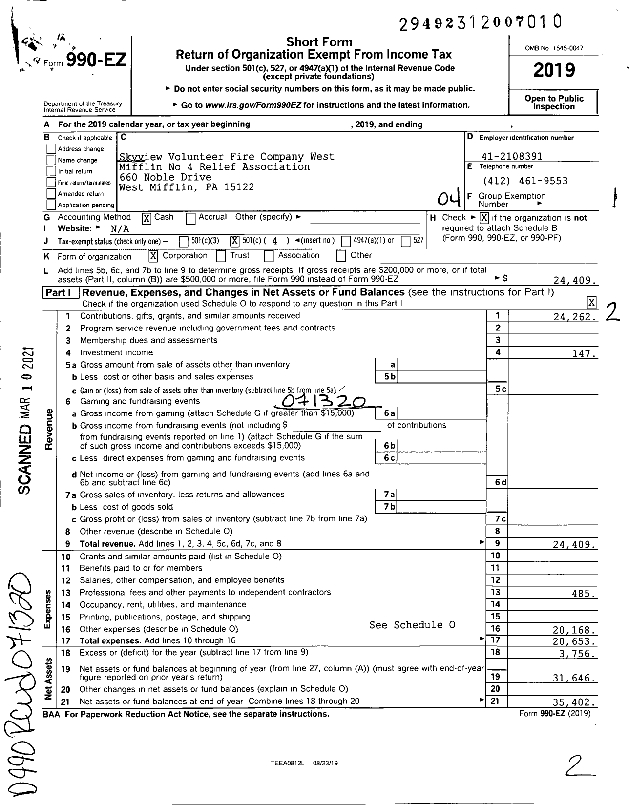 Image of first page of 2019 Form 990EO for Skyview Volunteer Fire Company West Mifflin No 4 Relief Association