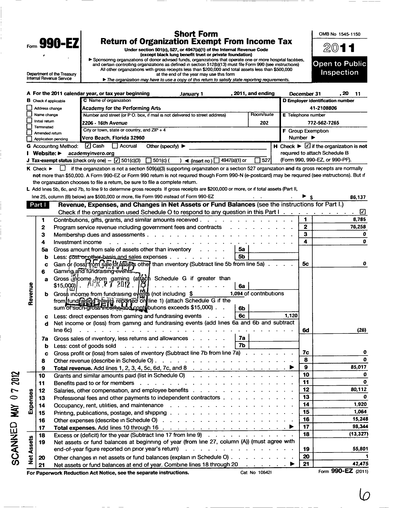 Image of first page of 2011 Form 990EZ for Academy for the Performing Arts