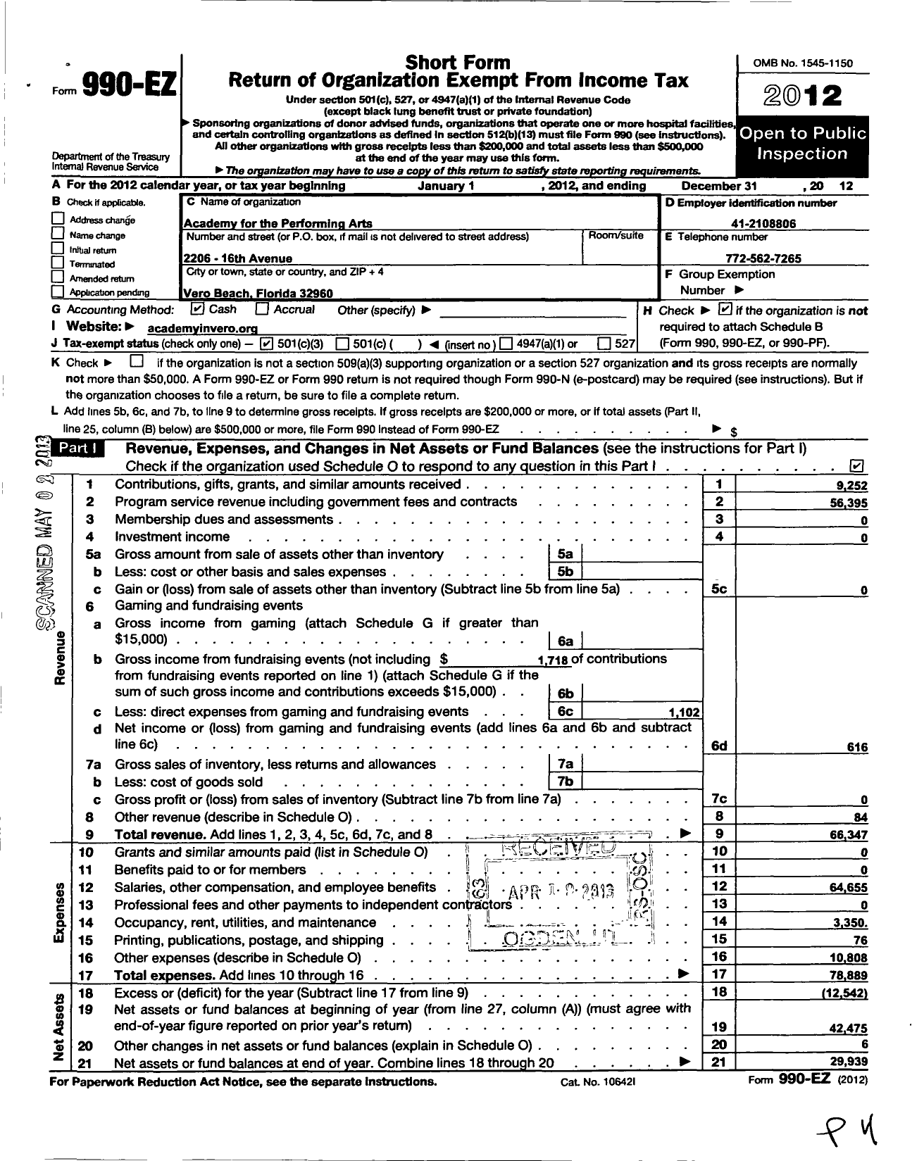 Image of first page of 2012 Form 990EZ for Academy for the Performing Arts