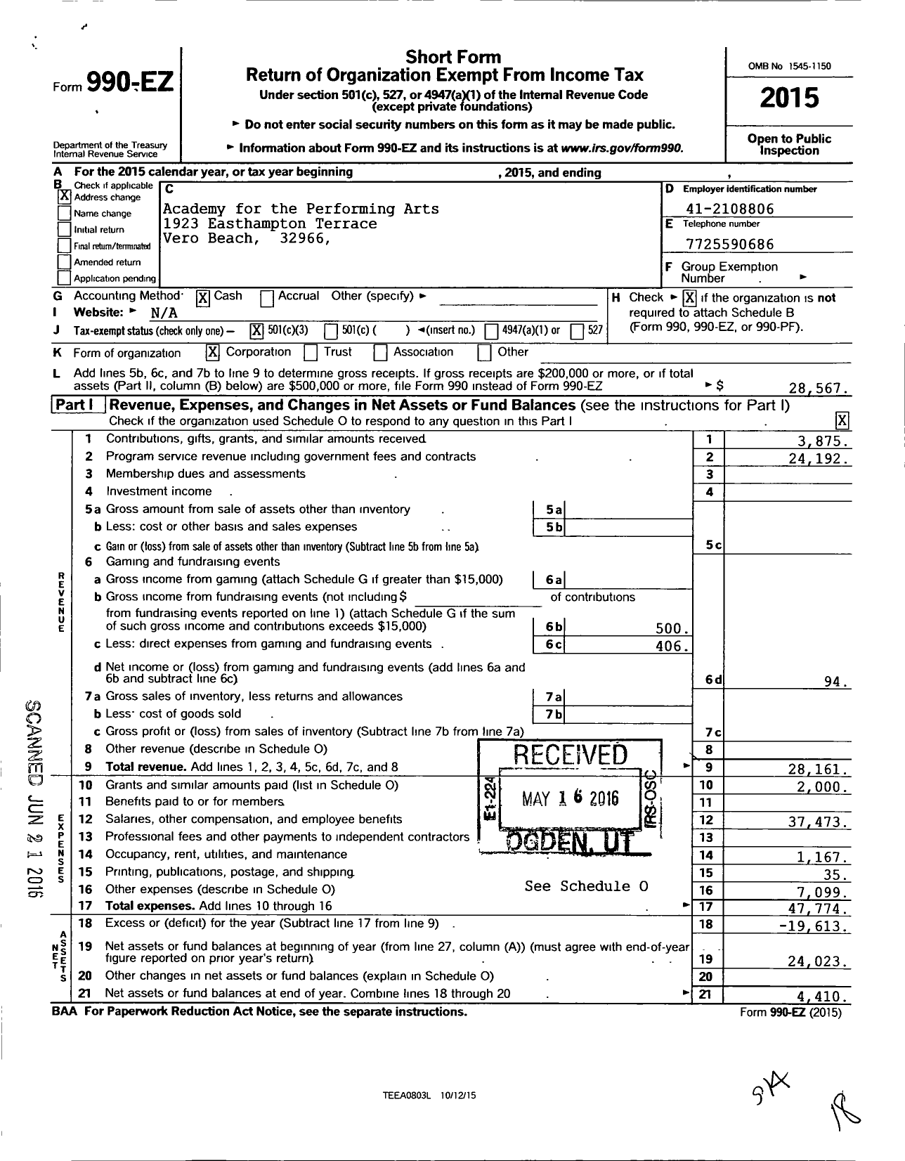 Image of first page of 2015 Form 990EZ for Academy for the Performing Arts