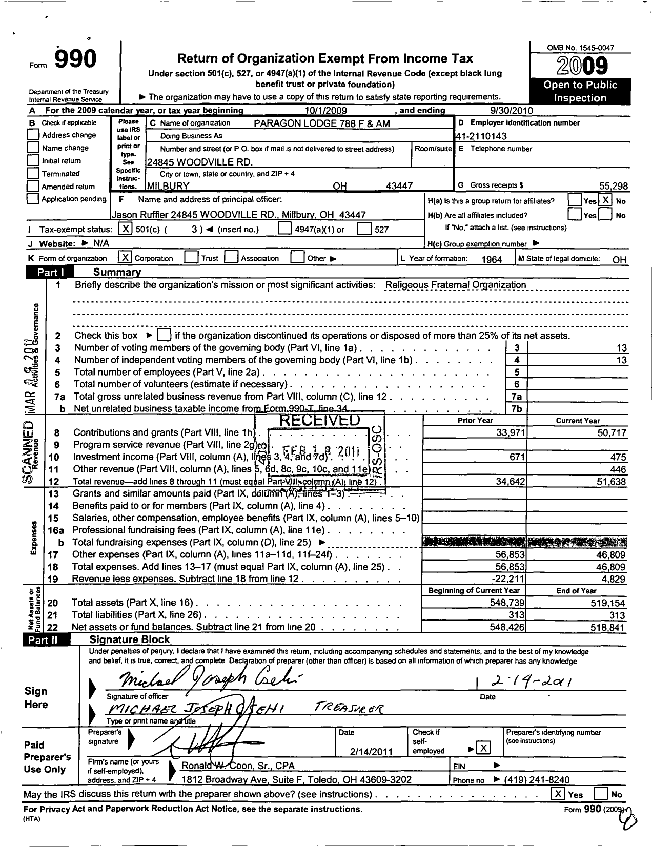 Image of first page of 2009 Form 990 for Free & Accepted Masons of Ohio - 788 Paragon Lodge