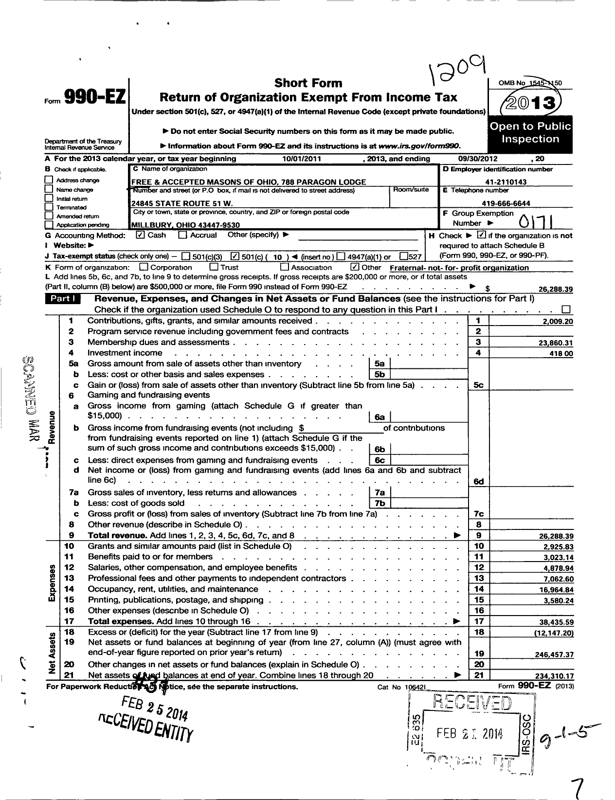 Image of first page of 2011 Form 990EO for Free & Accepted Masons of Ohio - 788 Paragon Lodge