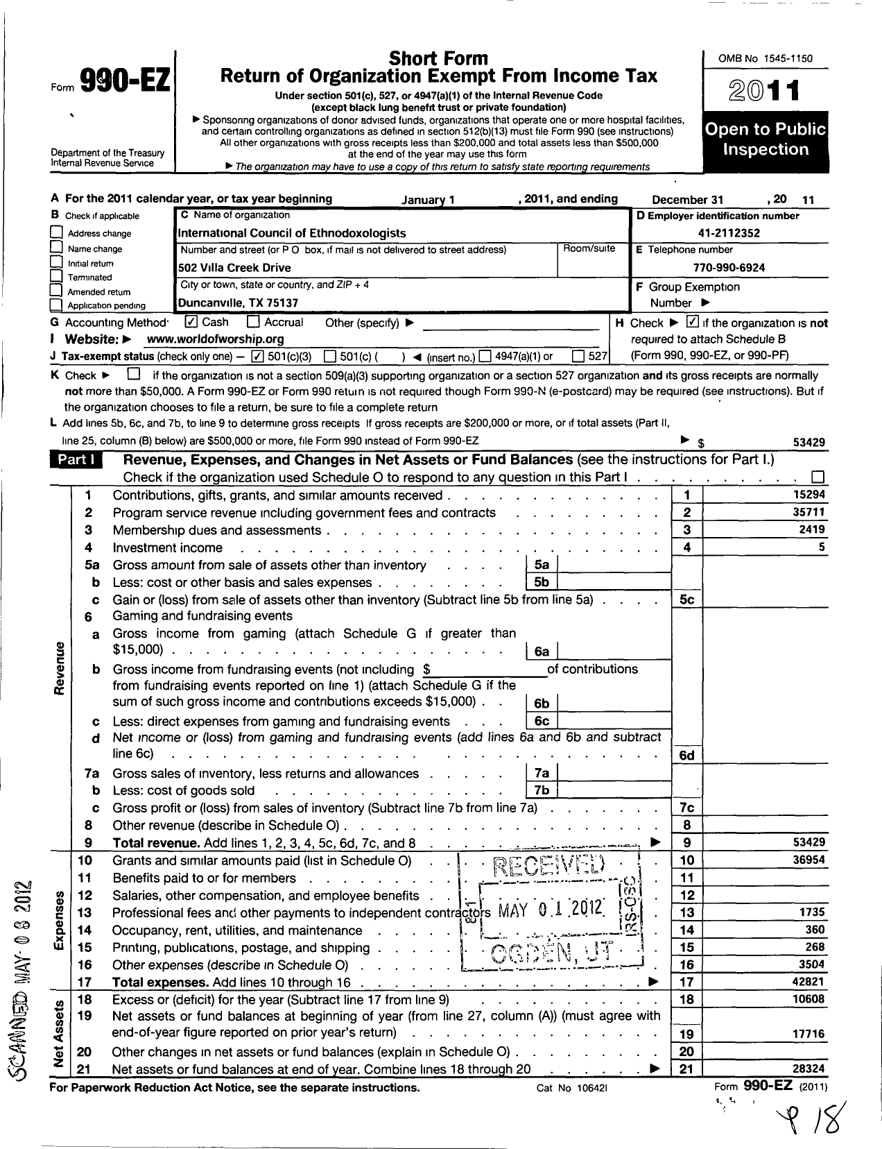 Image of first page of 2011 Form 990EZ for International Council of Ethnodoxologists