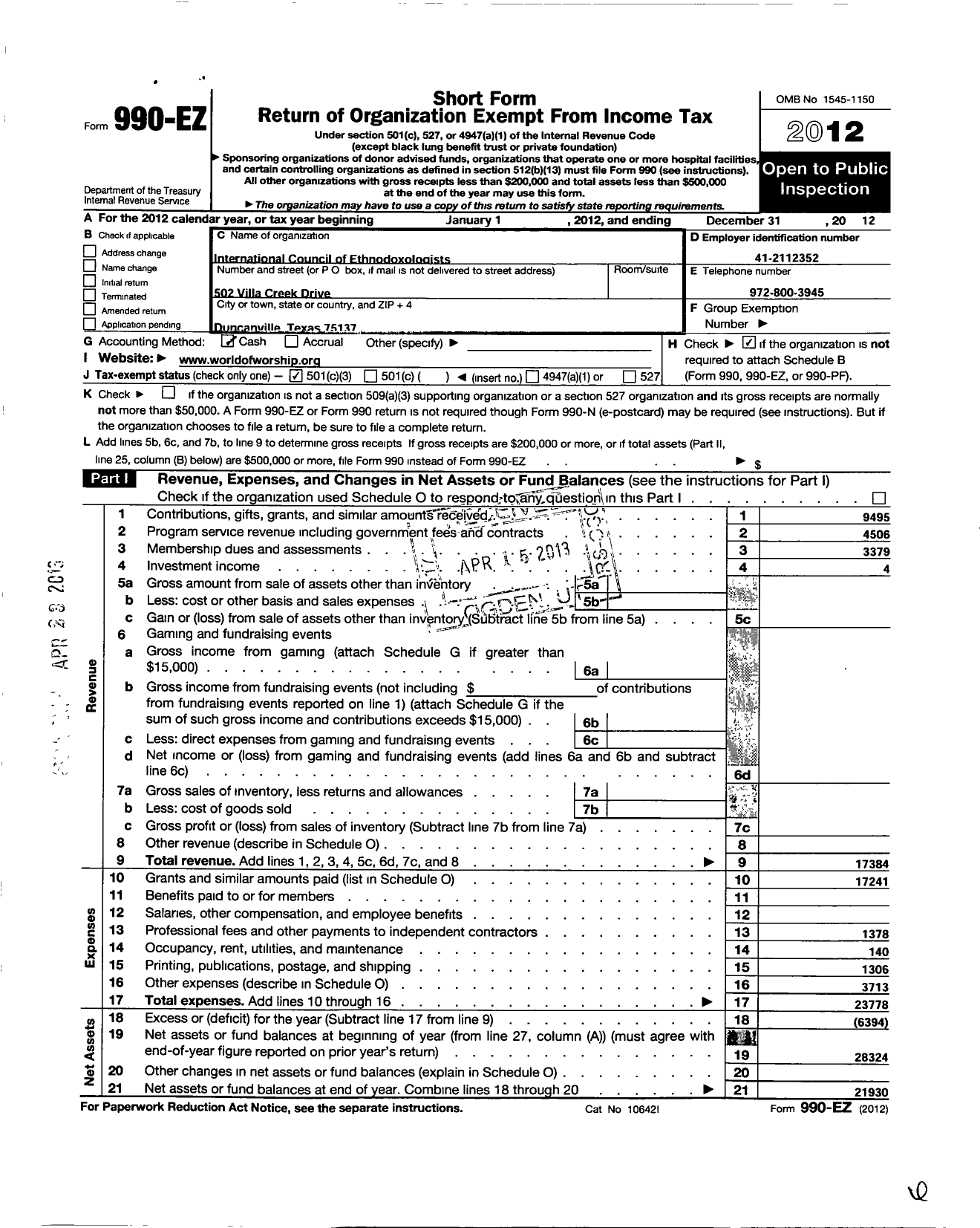 Image of first page of 2012 Form 990EZ for International Council of Ethnodoxologists