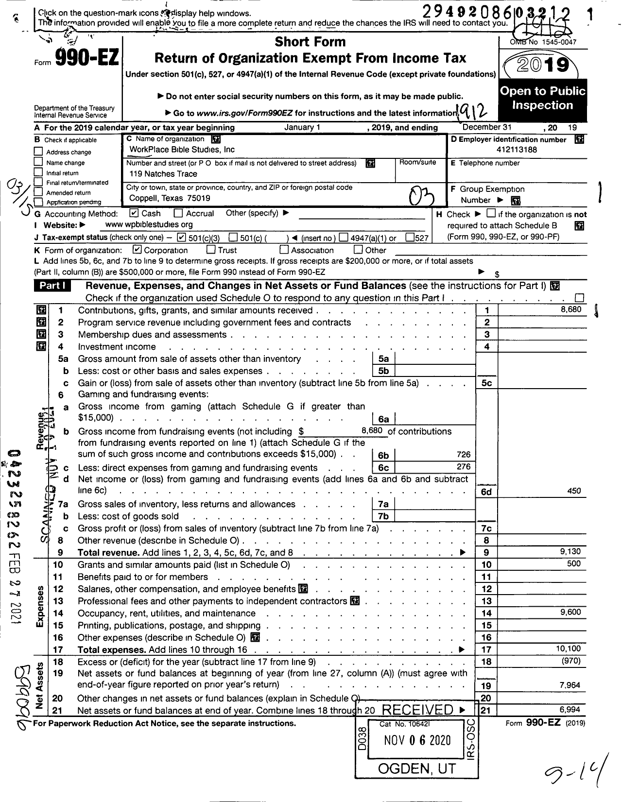 Image of first page of 2019 Form 990EZ for Workplace Bible Studies