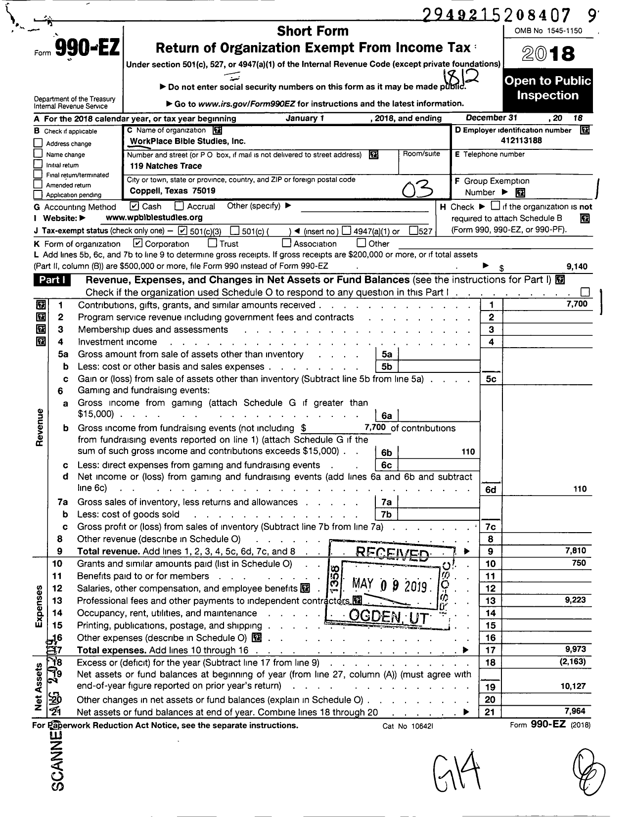 Image of first page of 2018 Form 990EZ for Workplace Bible Studies