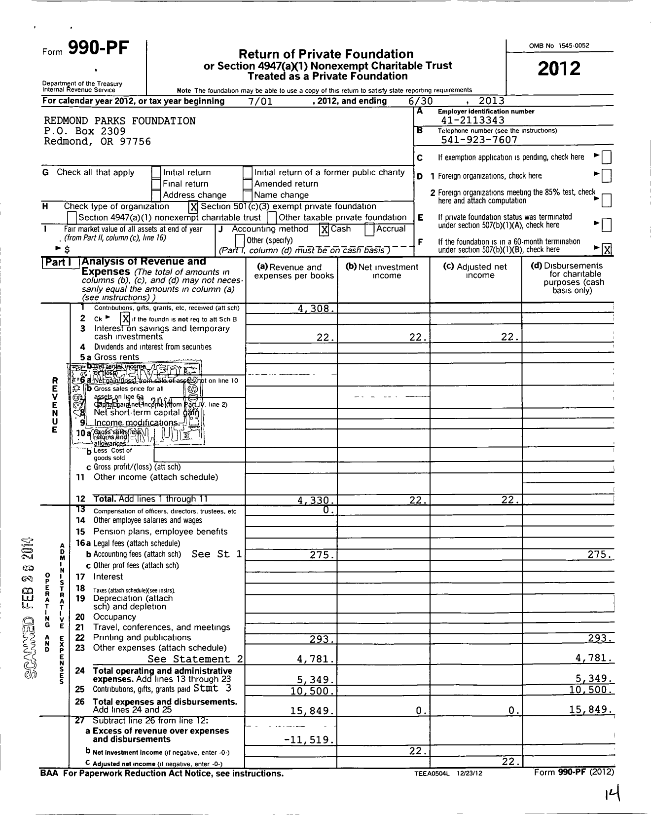 Image of first page of 2012 Form 990PF for Redmond Parks Foundation