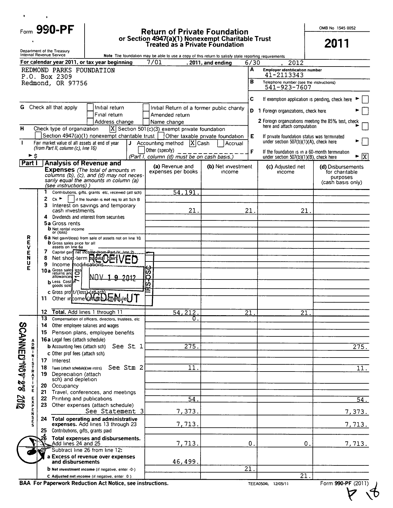 Image of first page of 2011 Form 990PF for Redmond Parks Foundation