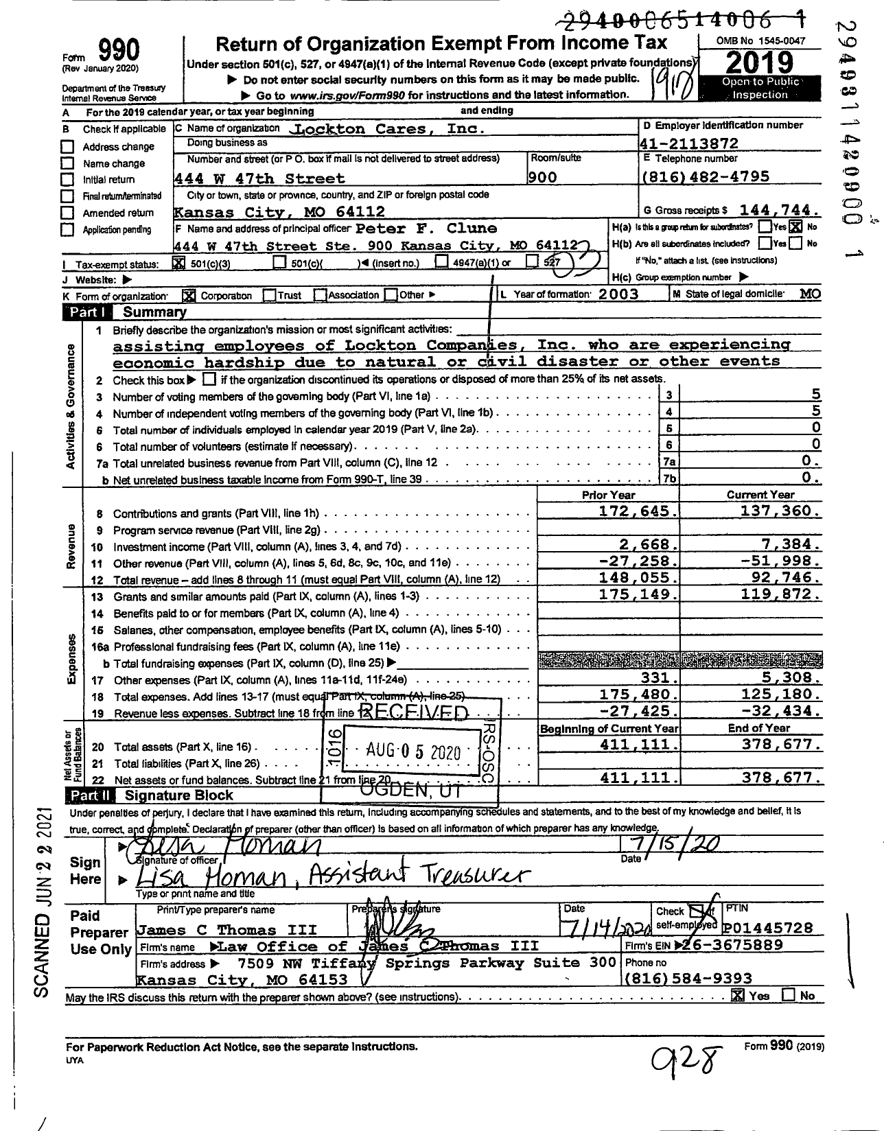 Image of first page of 2019 Form 990 for Lockton Cares