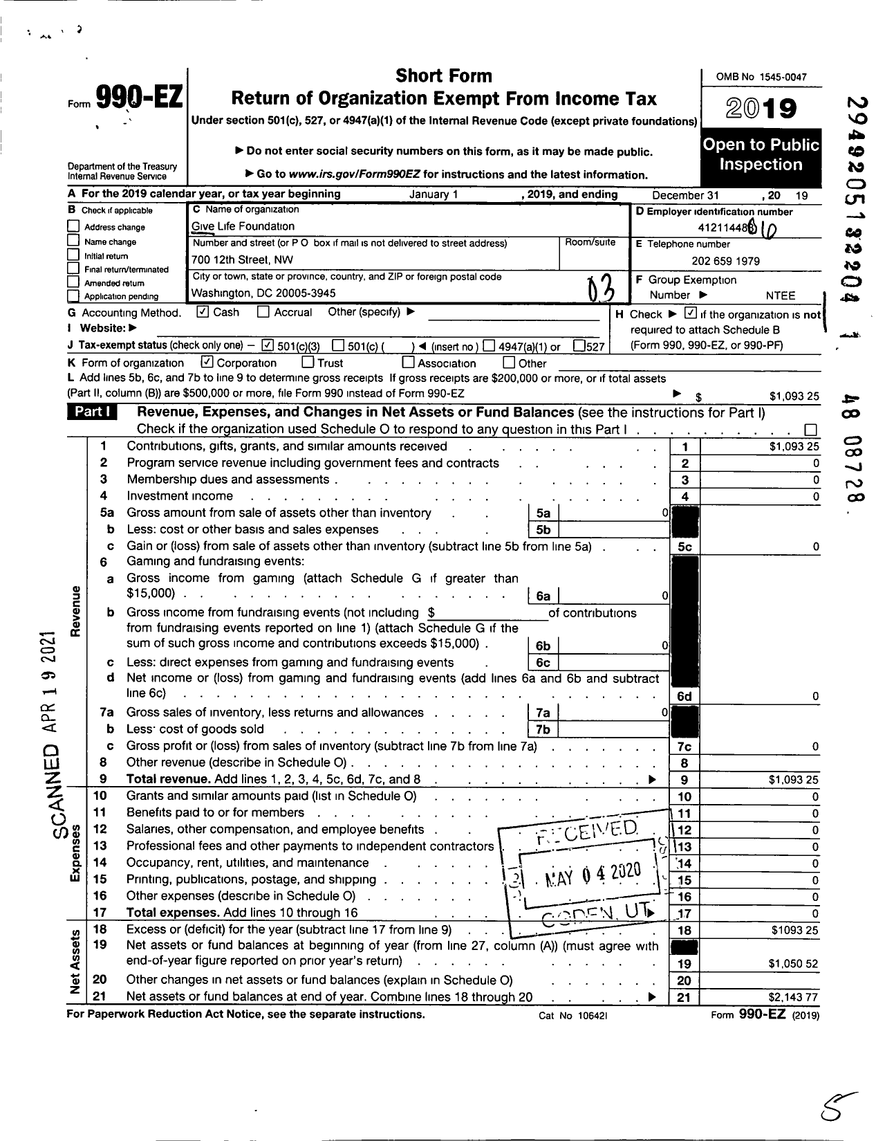 Image of first page of 2019 Form 990EZ for Give Life Foundation