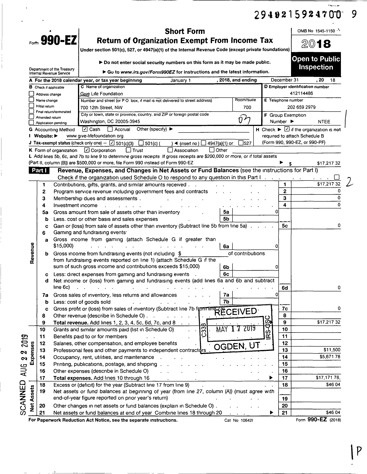 Image of first page of 2018 Form 990EZ for Give Life Foundation