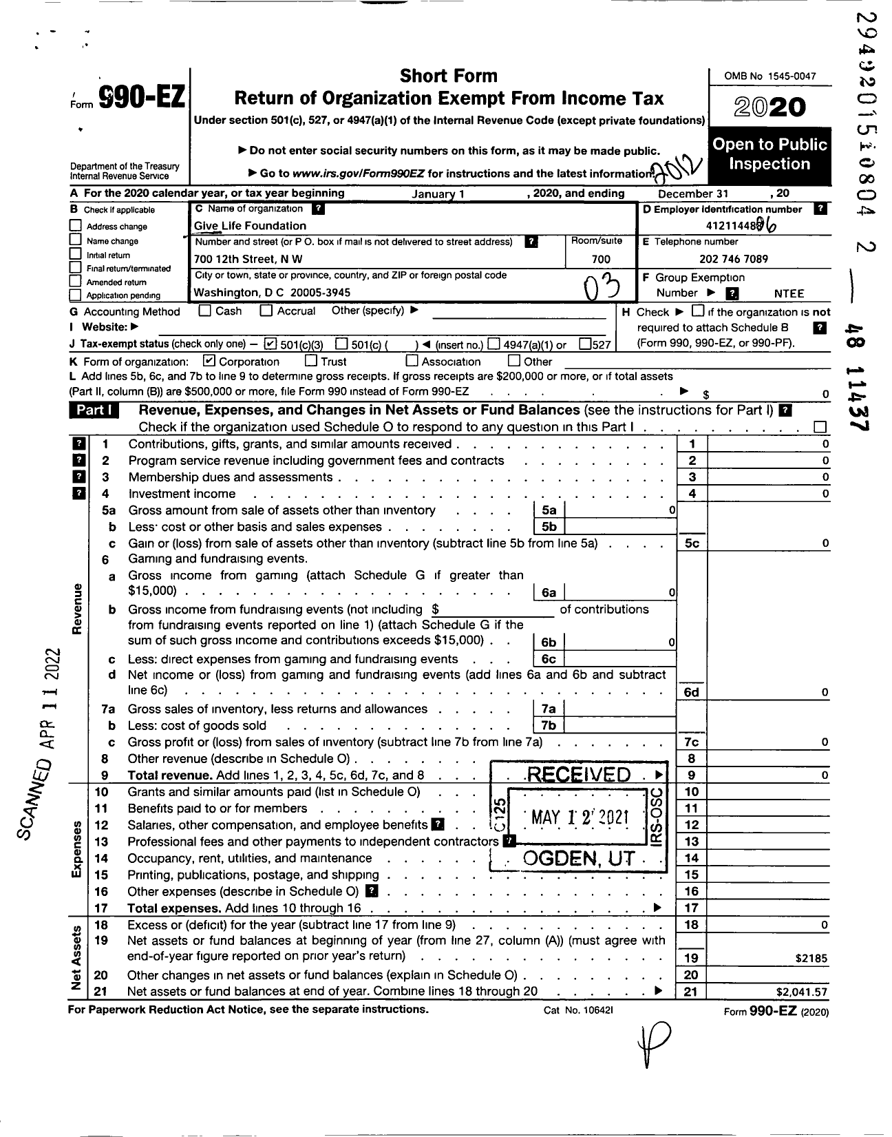 Image of first page of 2020 Form 990EZ for Give Life Foundation