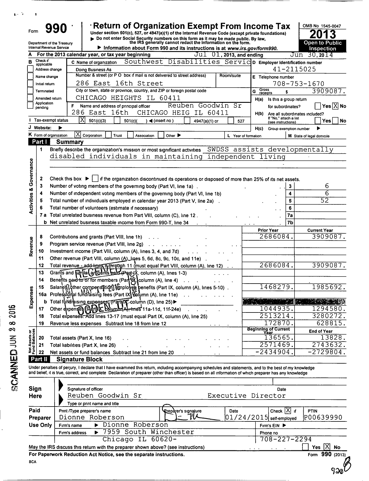 Image of first page of 2013 Form 990 for Southwest Disabilities Services and Supports NFP