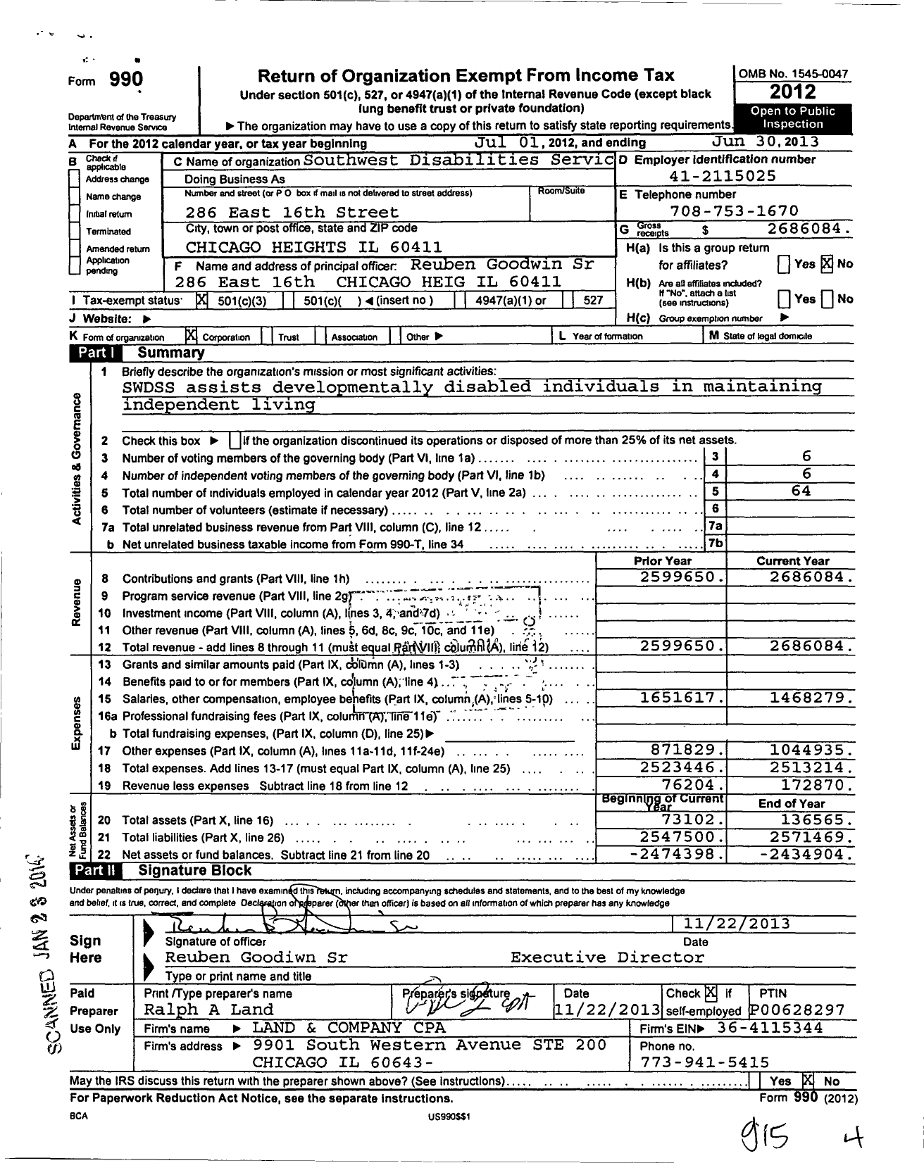 Image of first page of 2012 Form 990 for Southwest Disabilities Services and Supports NFP