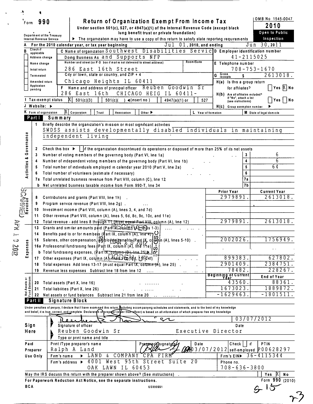 Image of first page of 2010 Form 990 for Southwest Disabilities Services and Supports NFP