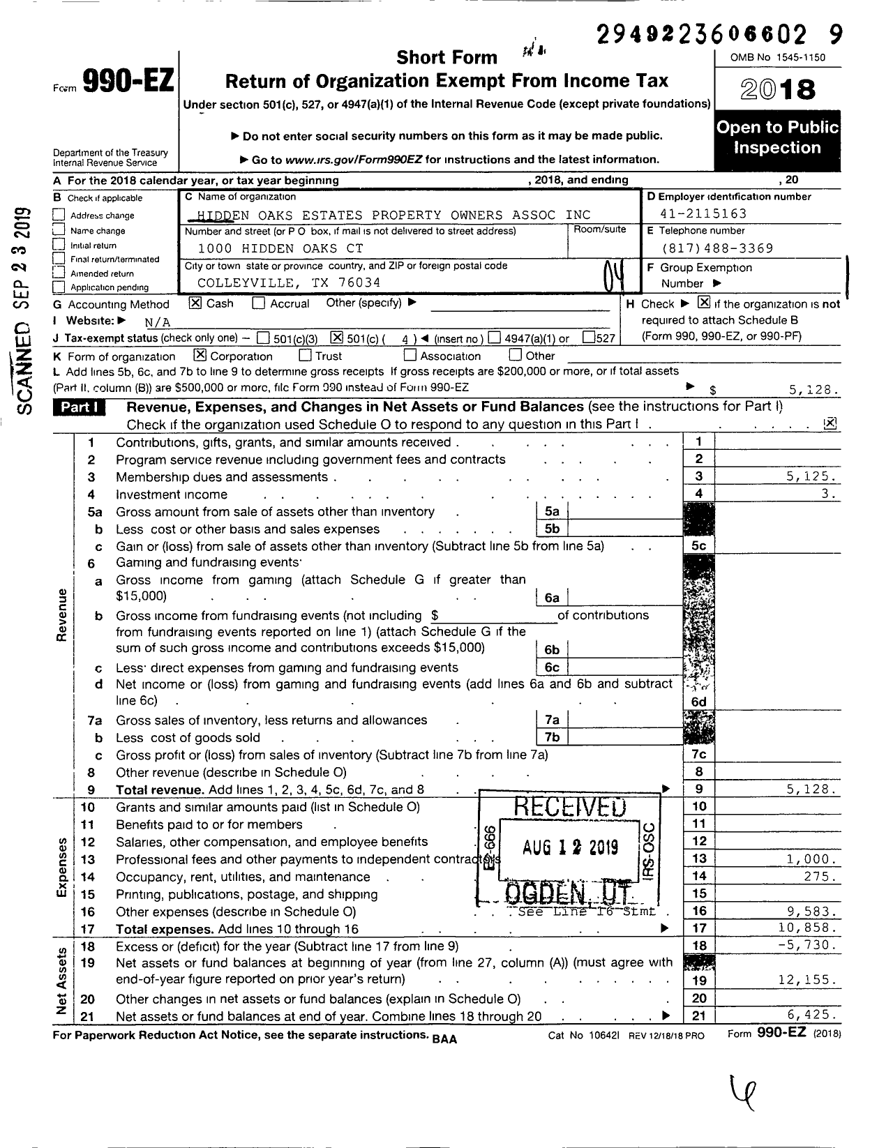 Image of first page of 2018 Form 990EO for Hidden Oaks Estates Property Owners Association