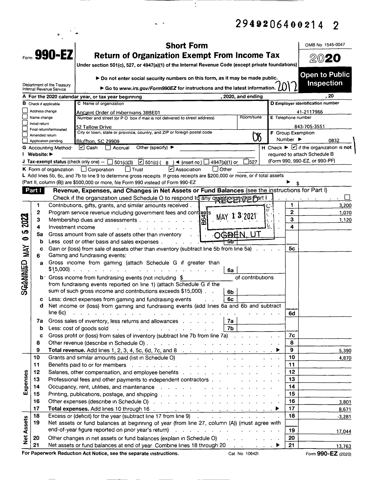 Image of first page of 2020 Form 990EO for Ancient Order of Hibernians in America 38BE01