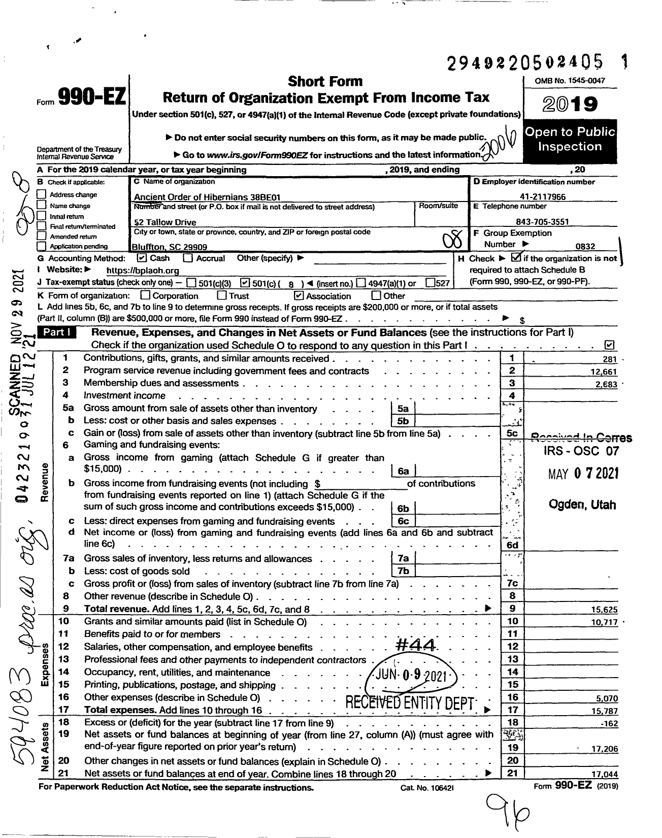 Image of first page of 2019 Form 990EO for Ancient Order of Hibernians in America 38BE01