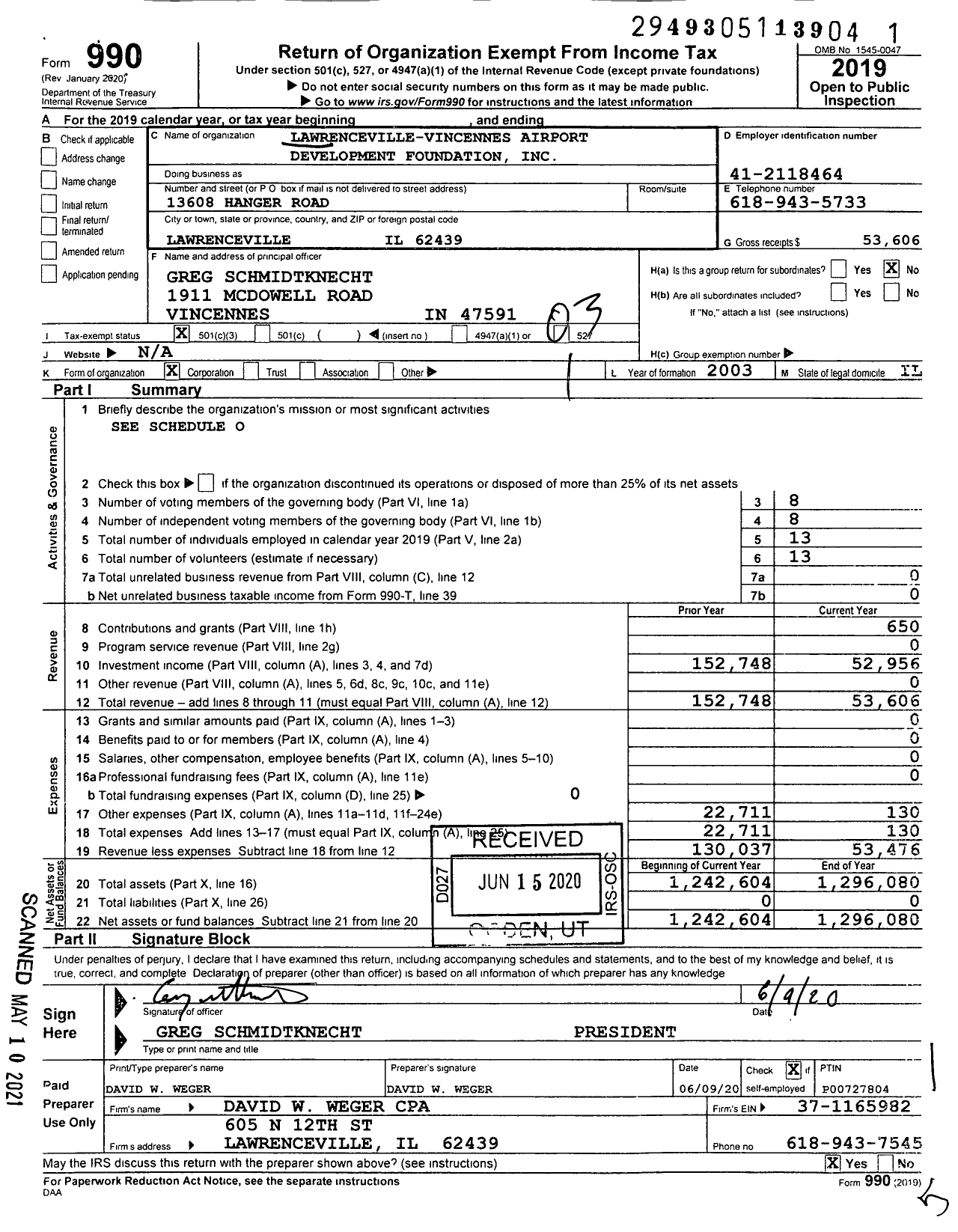 Image of first page of 2019 Form 990 for Lawrenceville-Vincennes Airport Development Foundation