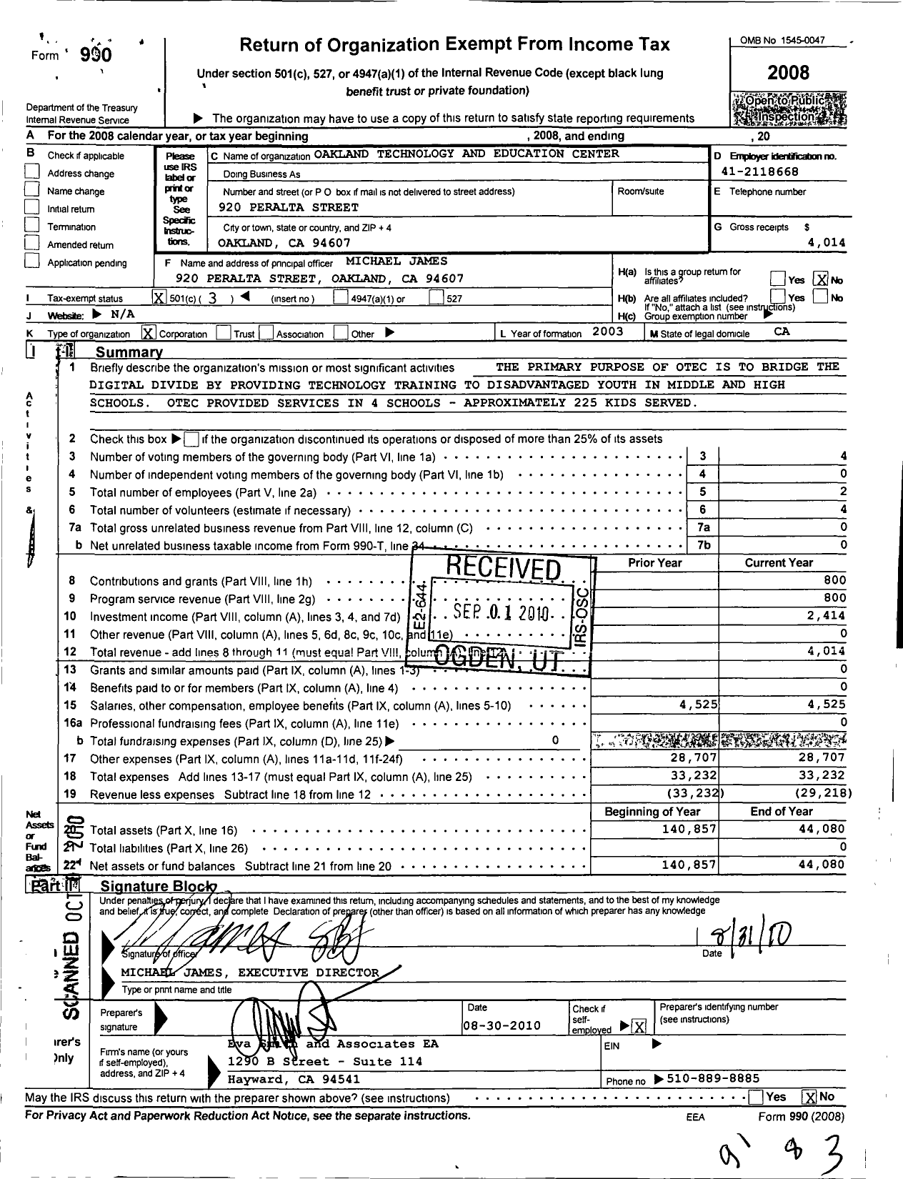 Image of first page of 2008 Form 990 for Oakland Technology and Education Center