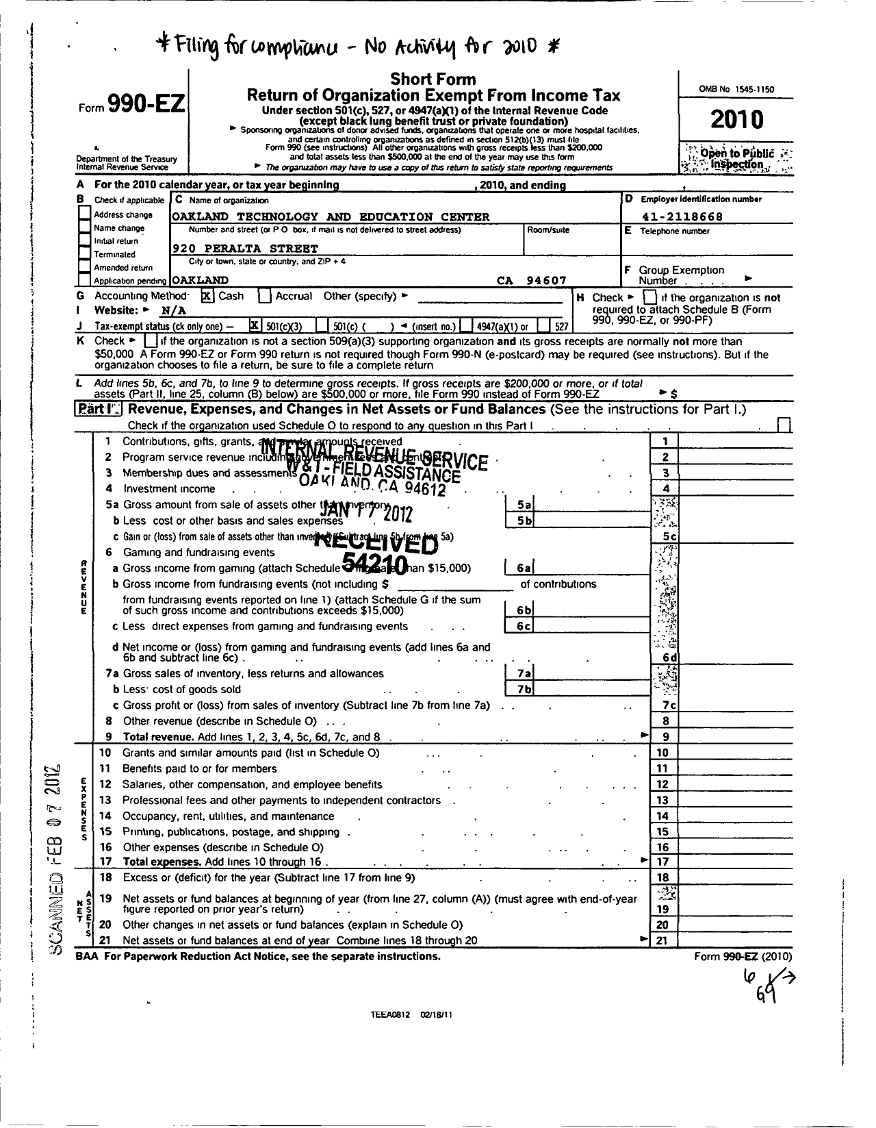 Image of first page of 2010 Form 990EZ for Oakland Technology and Education Center