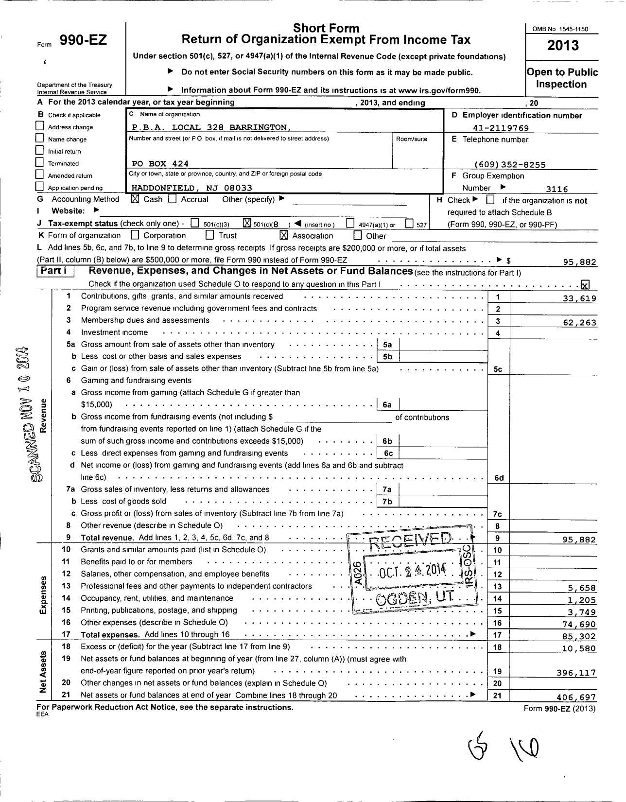 Image of first page of 2013 Form 990EO for NJ State Patrolmen's Benevolent Association - 328 Barrington Haddon Heights Pba