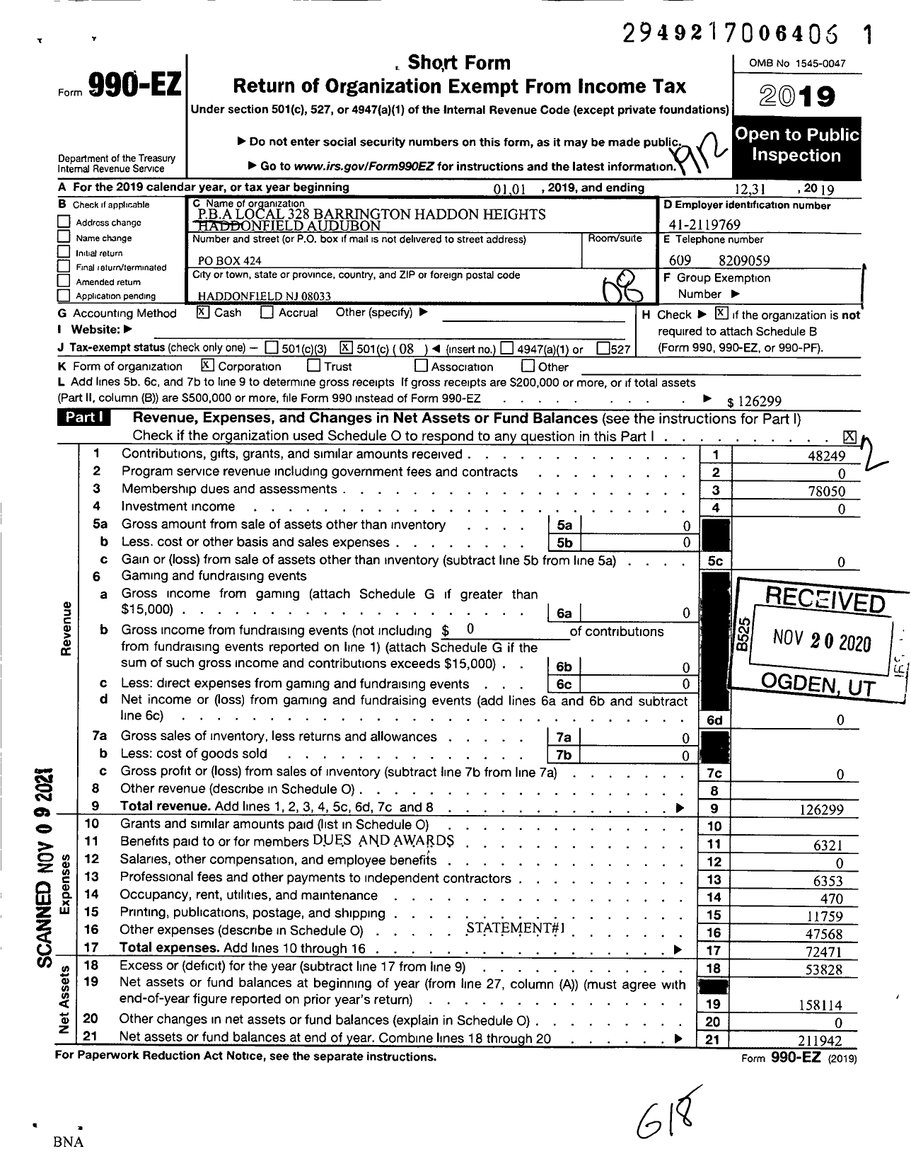 Image of first page of 2019 Form 990EO for NJ State Patrolmen's Benevolent Association - 328 Barrington Haddon Heights Pba