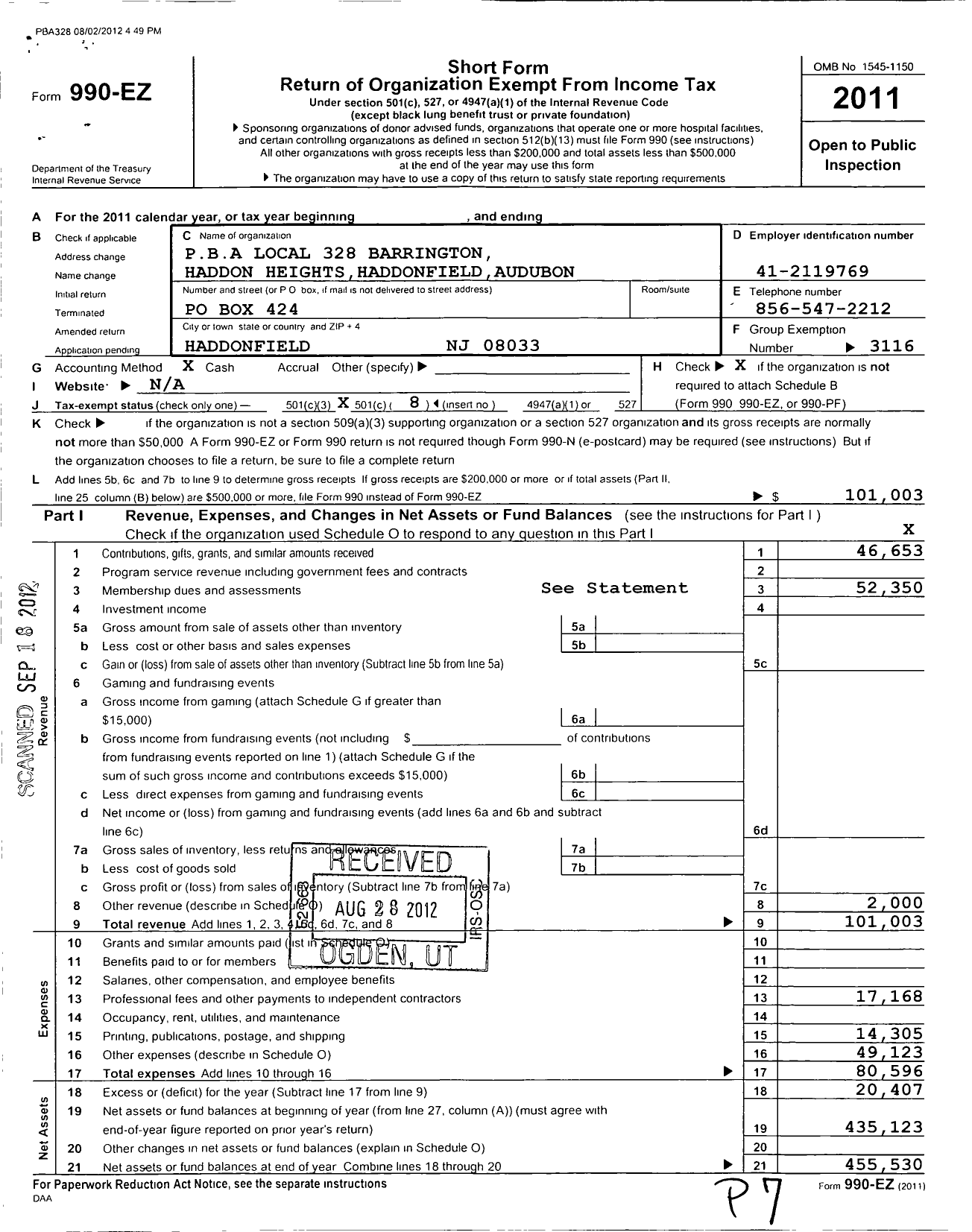 Image of first page of 2011 Form 990EO for NJ State Patrolmen's Benevolent Association - 328 Barrington Haddon Heights Pba