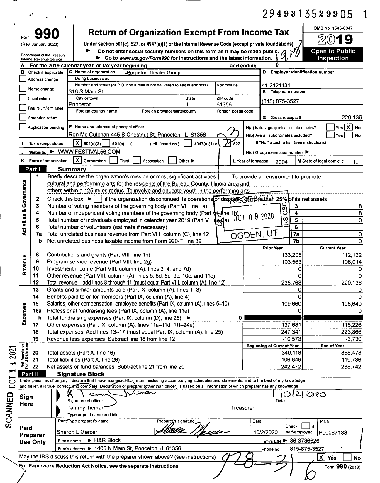 Image of first page of 2019 Form 990 for Princeton Theater Group