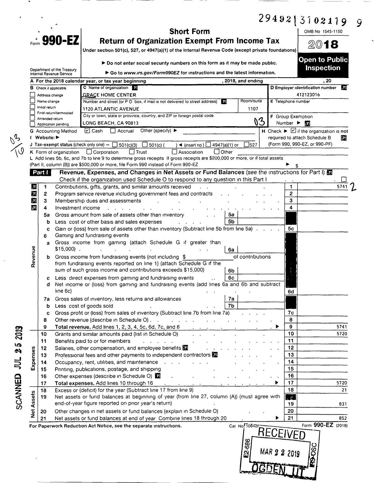 Image of first page of 2018 Form 990EZ for Grace Home Center