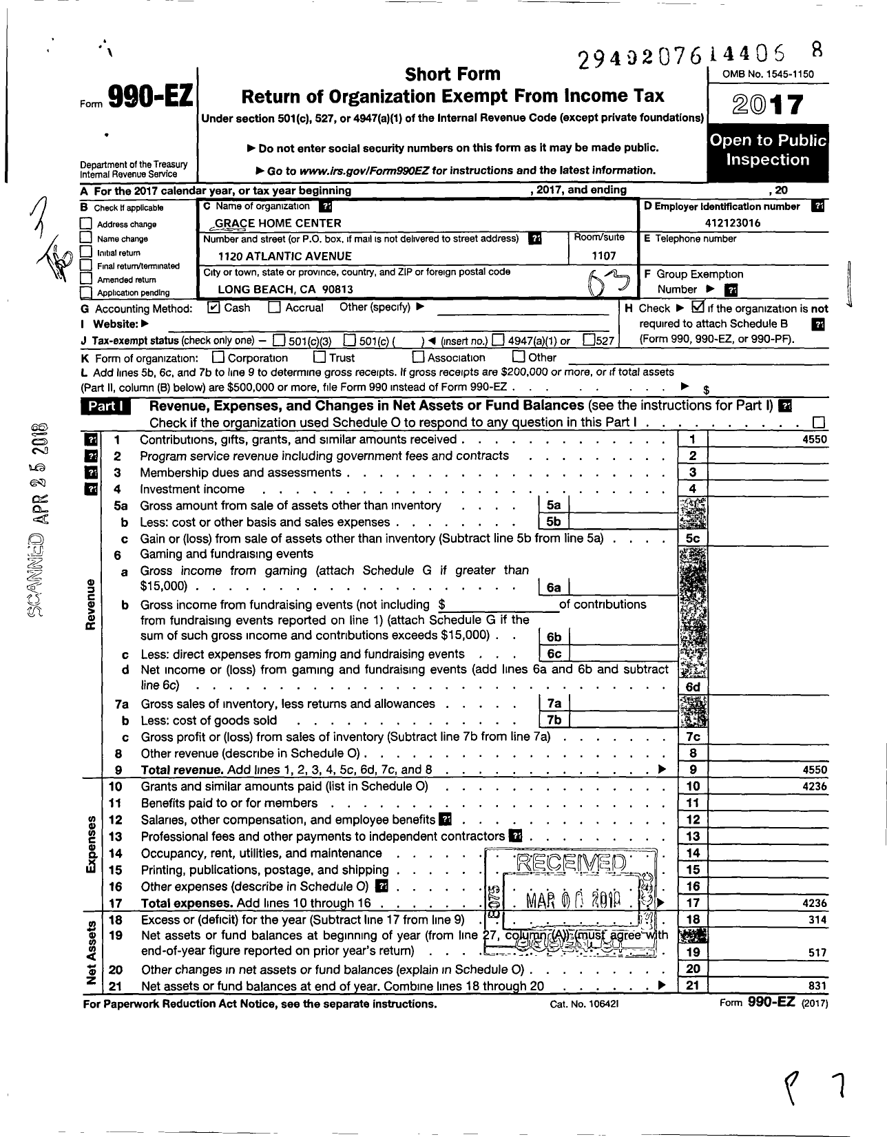 Image of first page of 2017 Form 990EZ for Grace Home Center