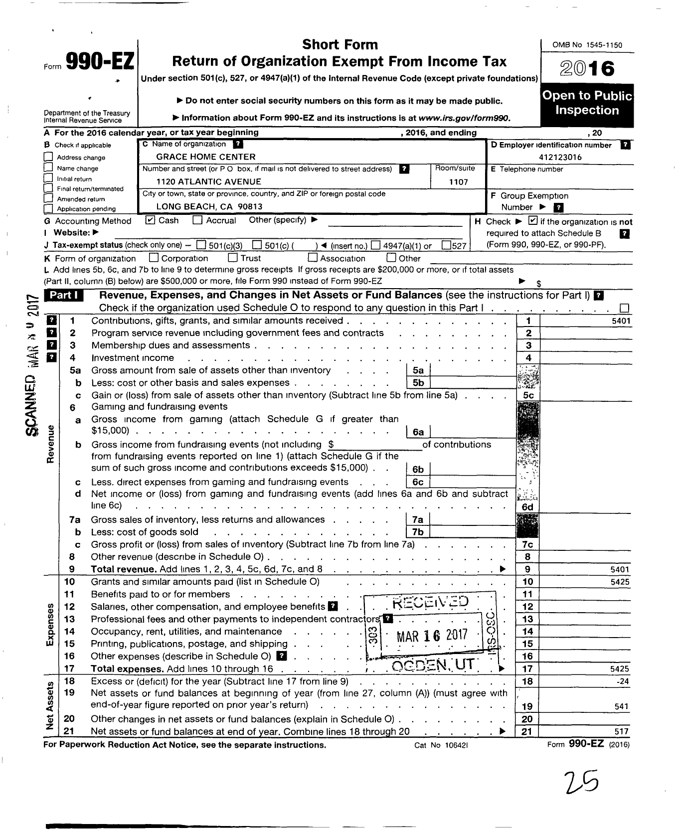 Image of first page of 2016 Form 990EO for Grace Home Center